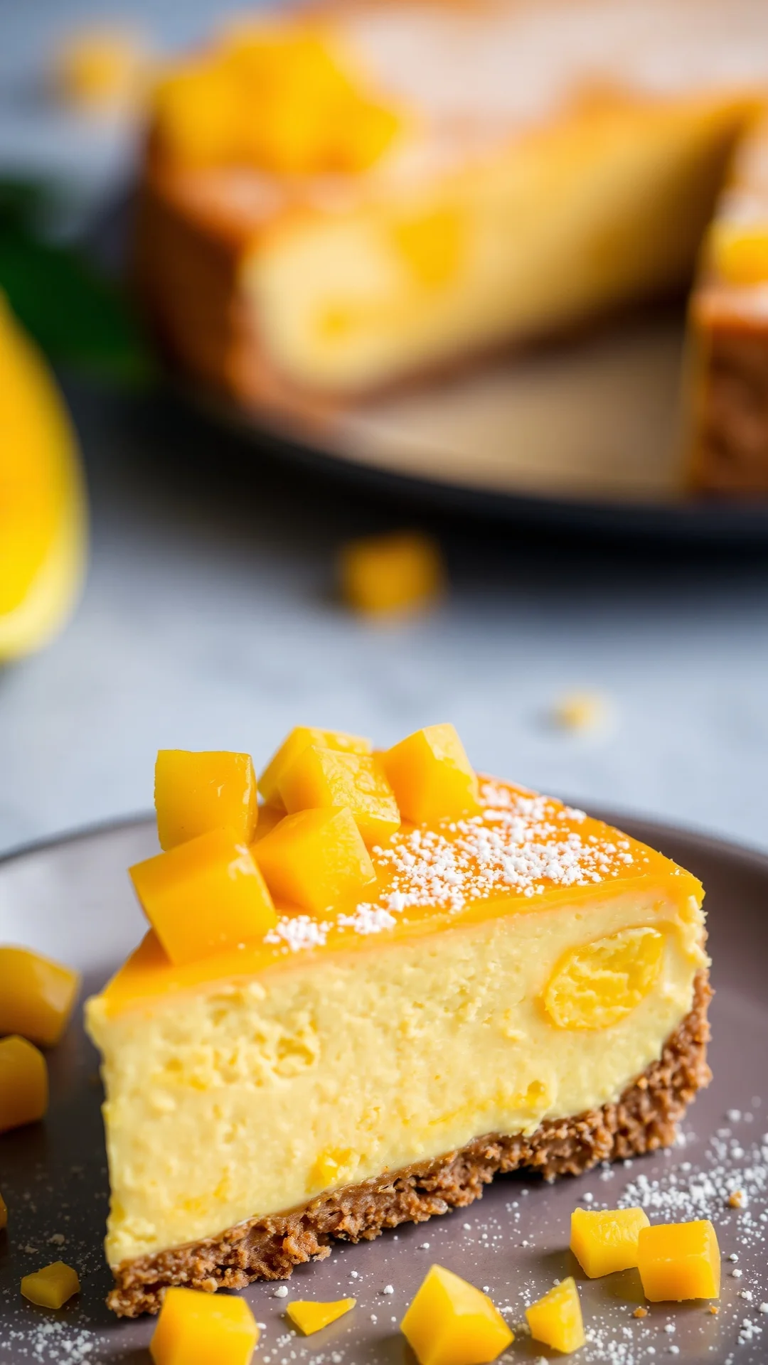 Close-up portrait of a mango exotic cheesecake slice with orange mango topping, diced fresh mango pieces, speculoos crust, tr