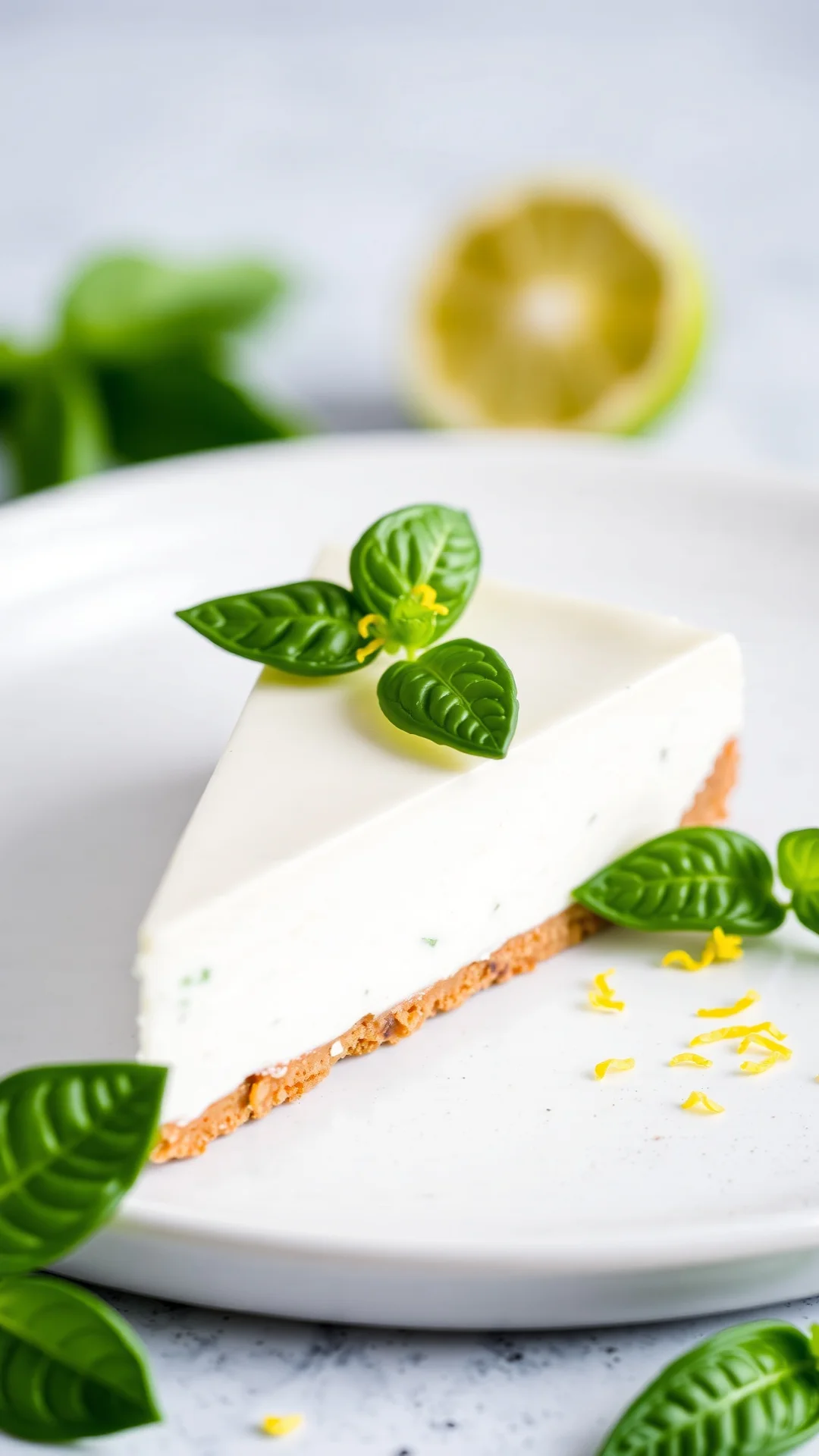 Close-up portrait of a no-bake lime and basil cheesecake slice, bright green garnish, zesty lime zest decoration, fresh herbs