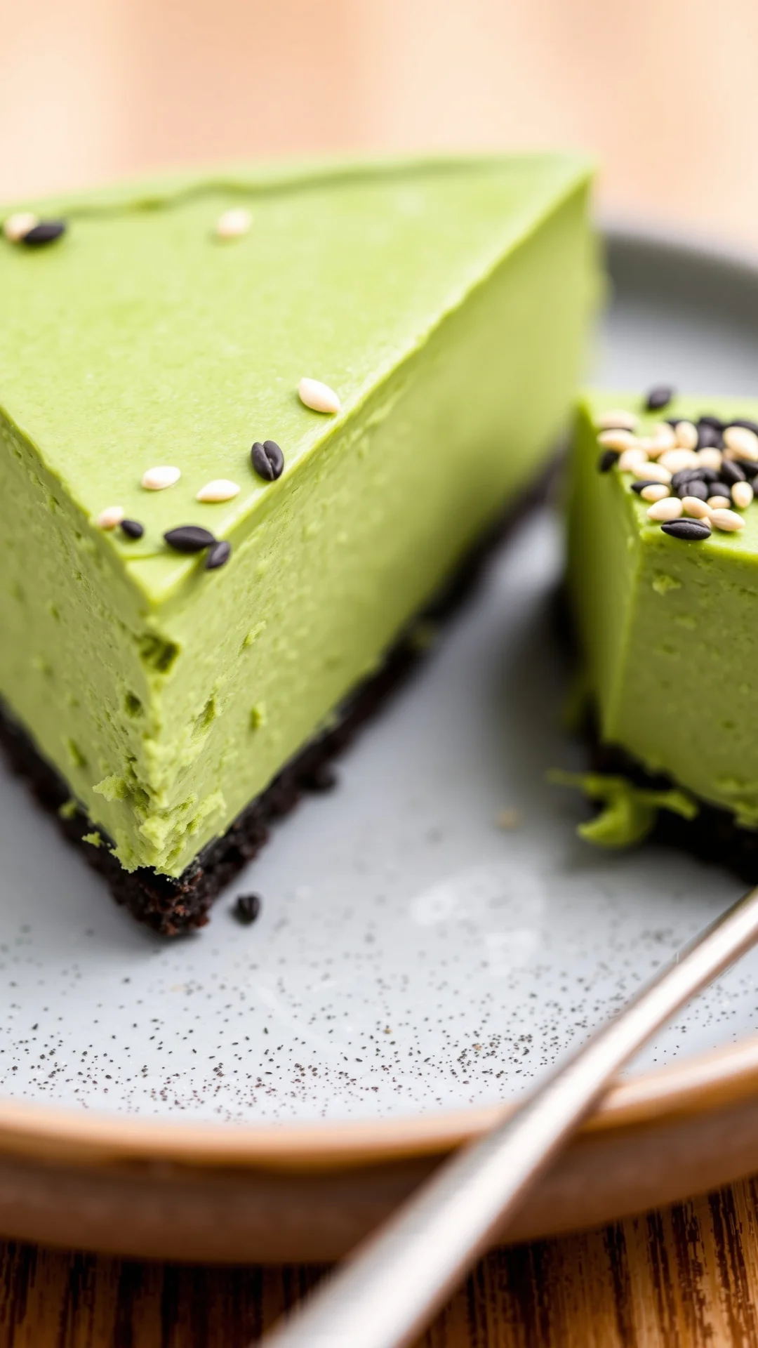 Close-up portrait of a no-bake matcha black sesame cheesecake slice, vibrant green color, sesame seeds sprinkled on top, Japa