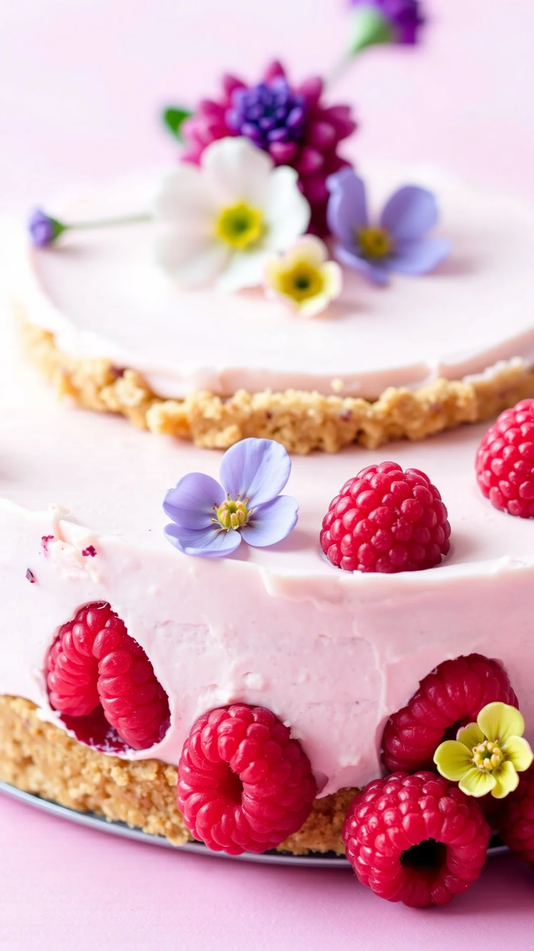 Close-up portrait of a no-bake raspberry vanilla cheesecake with pink biscuit crust, fresh raspberries, edible flowers, paste