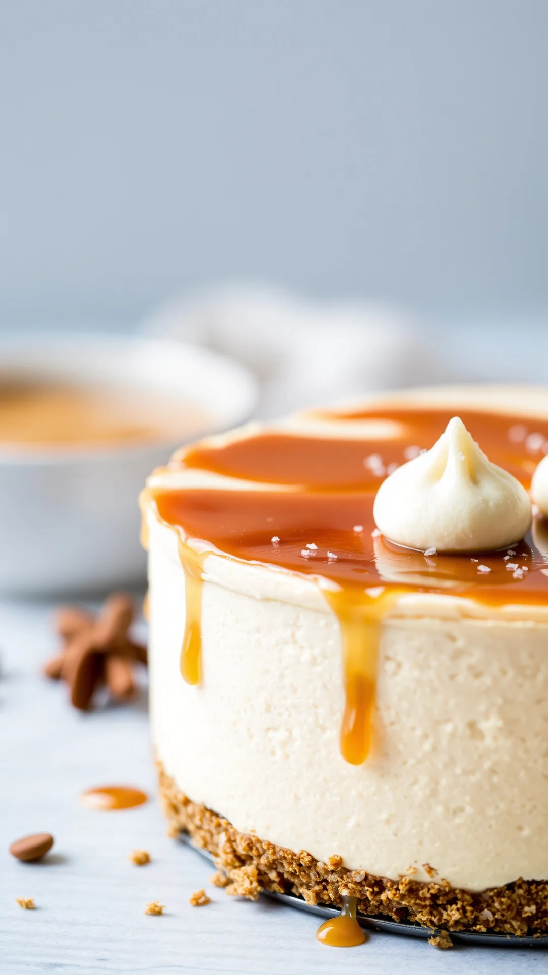 Close-up portrait of a no-bake salted caramel cheesecake with speculoos crust, golden caramel drizzle, fleur de sel crystals,