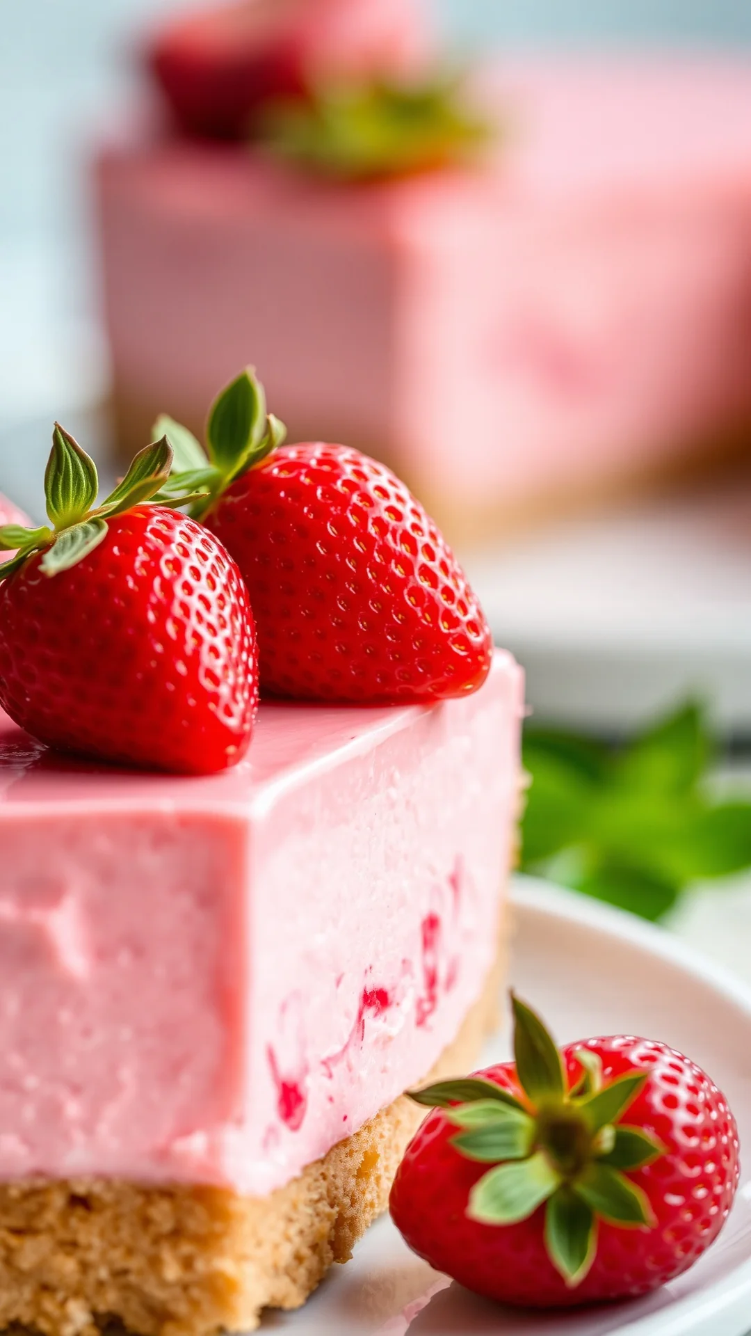 Close-up portrait of a no-bake strawberry cheesecake slice, fresh red strawberries on top, smooth creamy texture, biscuit bas