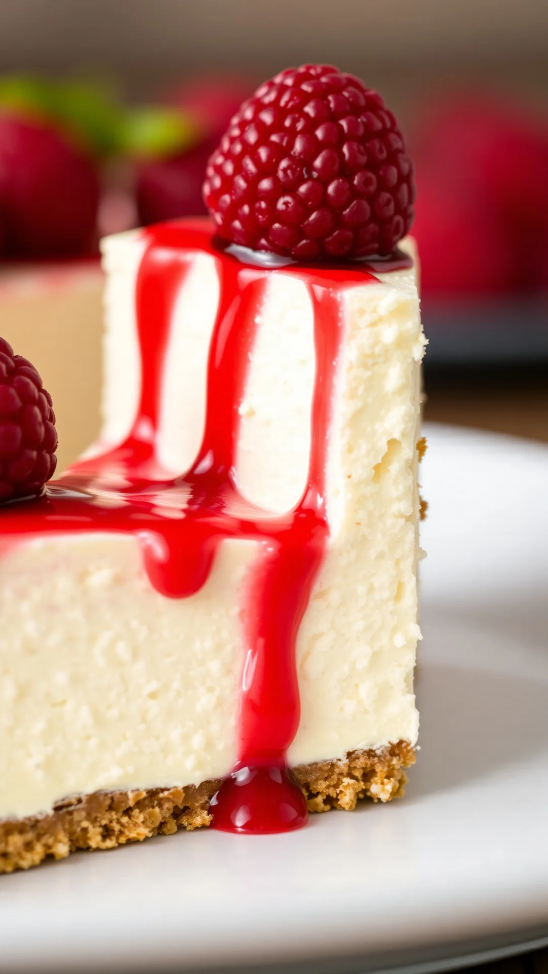 Close-up portrait of a raspberry cheesecake slice with bright red coulis drizzled on top, fresh raspberries, creamy white fil
