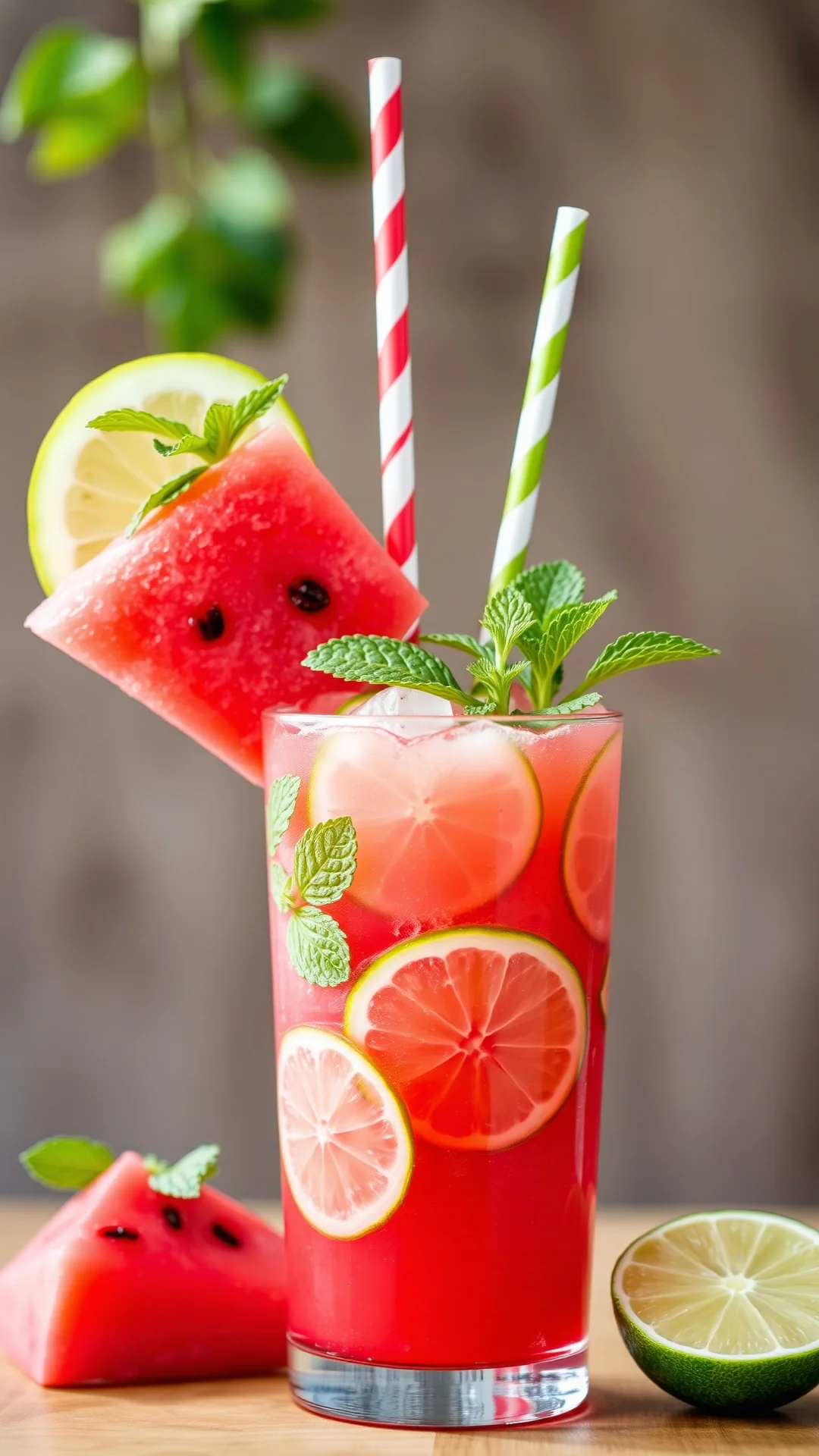Close-up portrait of a refreshing watermelon agua fresca in a tall glass with fresh mint sprigs and lime slices, vibrant red