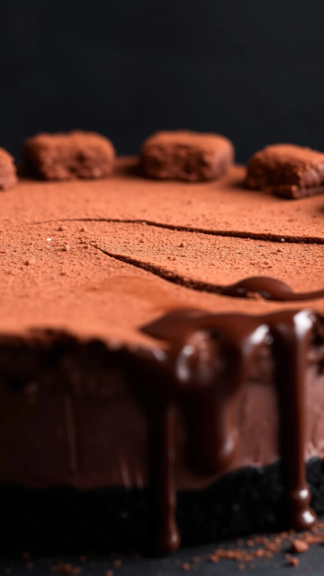 Close-up portrait of a rich no-bake dark chocolate cheesecake with Oreo crust, cocoa powder dusting, glossy ganache drip, dar