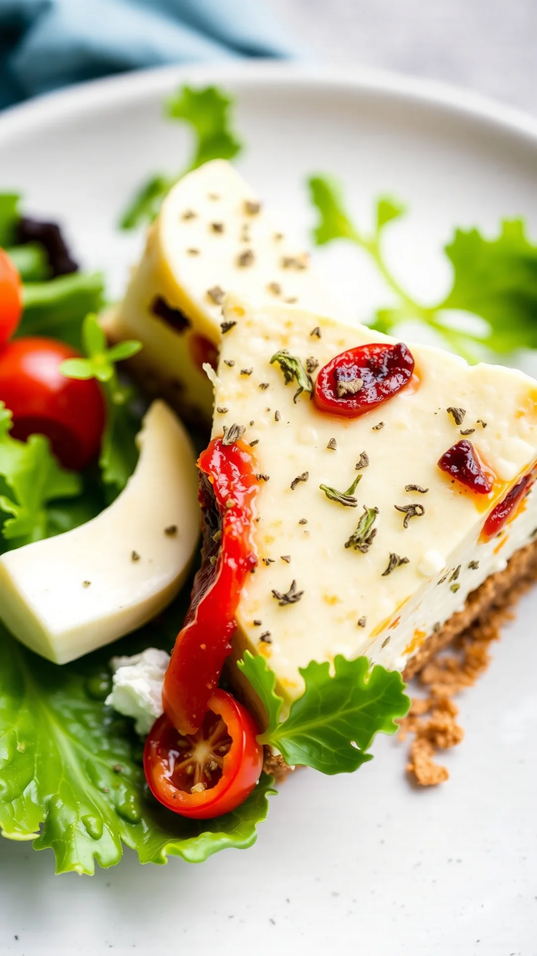Close-up portrait of a savory feta and sundried tomato cheesecake slice, herb specks, cracker crust, served with fresh salad,