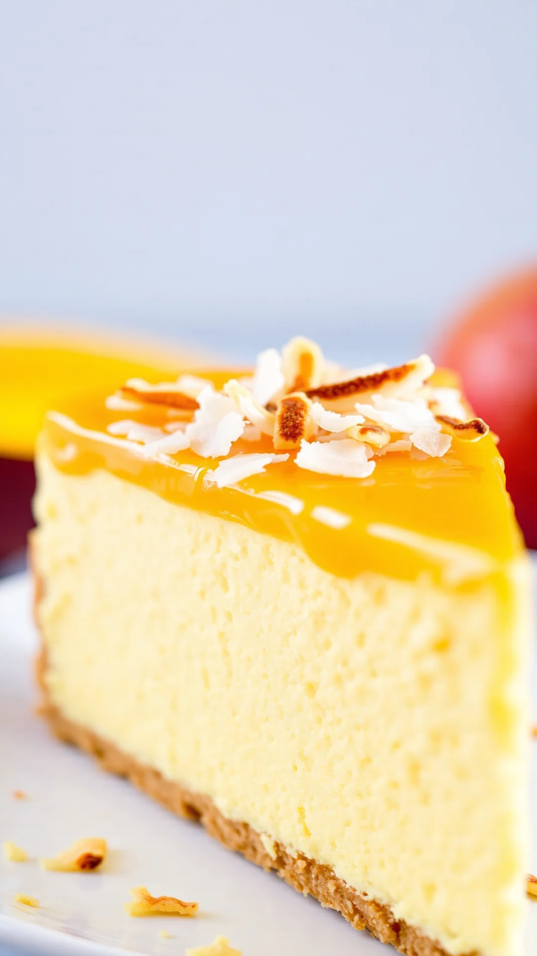 Close-up portrait of a tropical mango coconut cheesecake slice, golden mango glaze, toasted coconut flakes on top, vibrant co