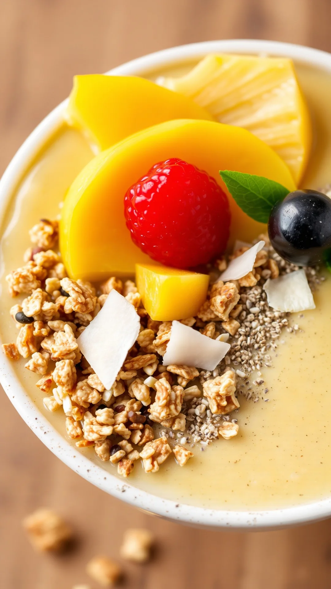 Close-up portrait of a tropical mango pineapple smoothie bowl topped with granola, fresh fruit slices, chia seeds and coconut