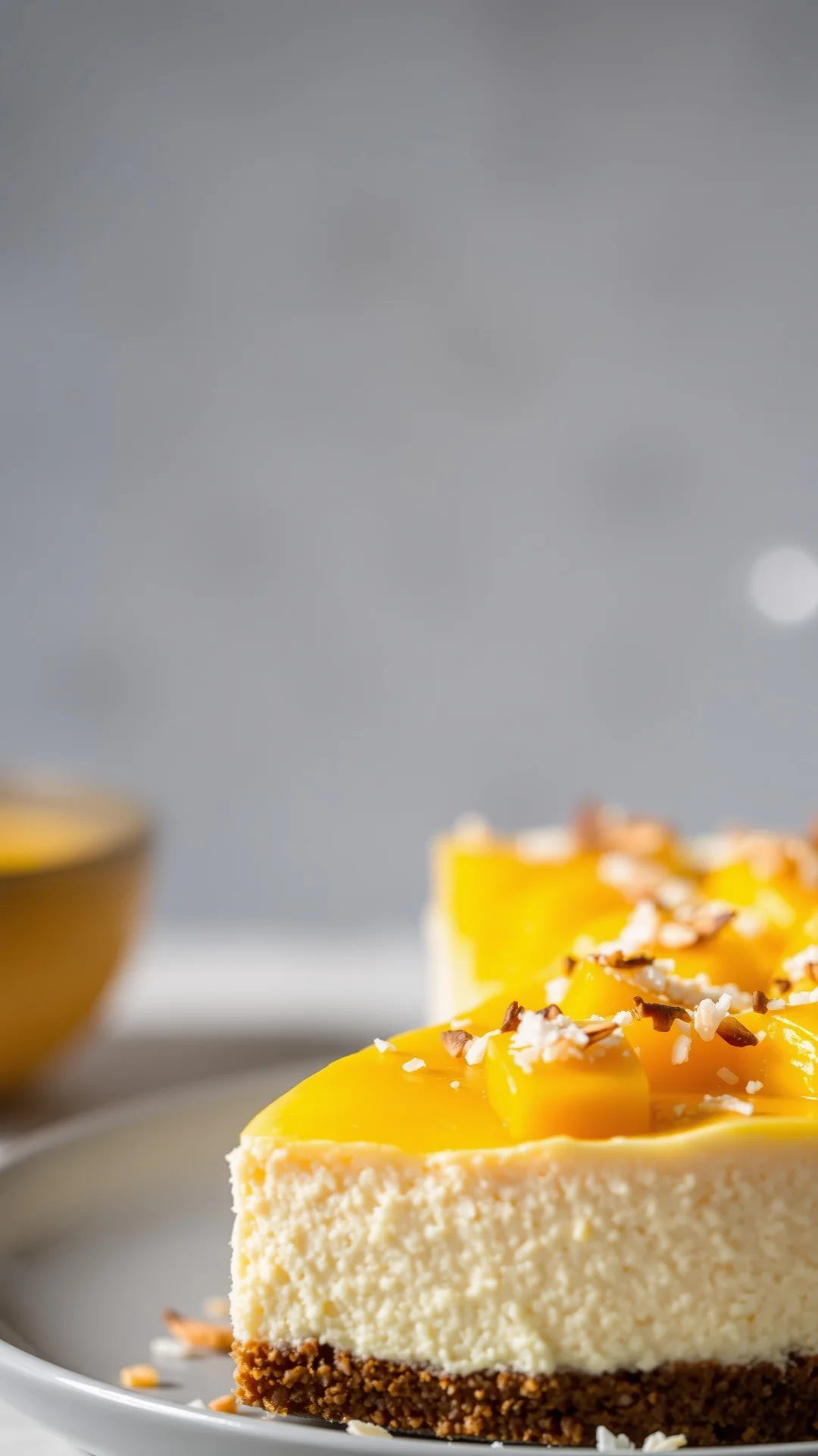 Close-up portrait of a tropical no-bake mango coconut cheesecake, vibrant yellow mango topping, toasted coconut flakes, brigh