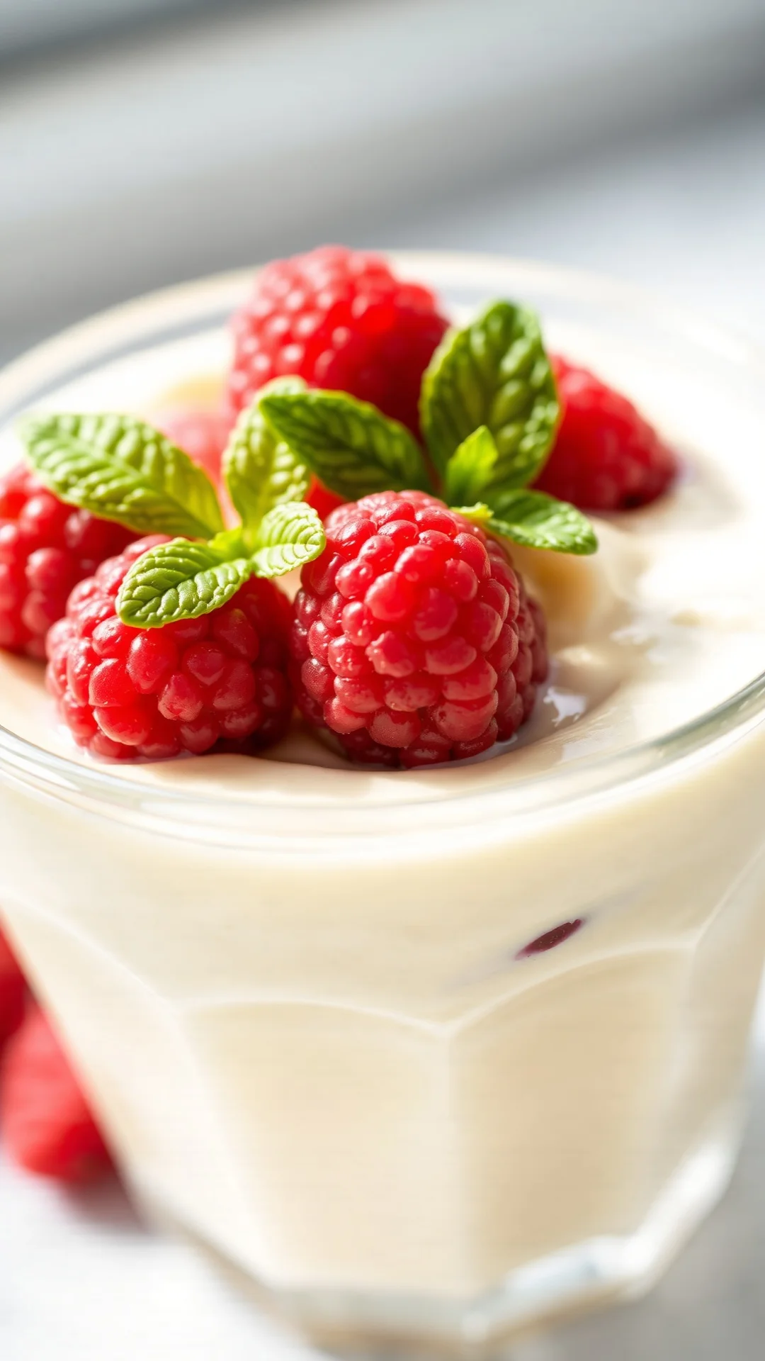 Close-up portrait of a vibrant banana nice cream in a glass bowl topped with fresh red raspberries and strawberries, mint lea