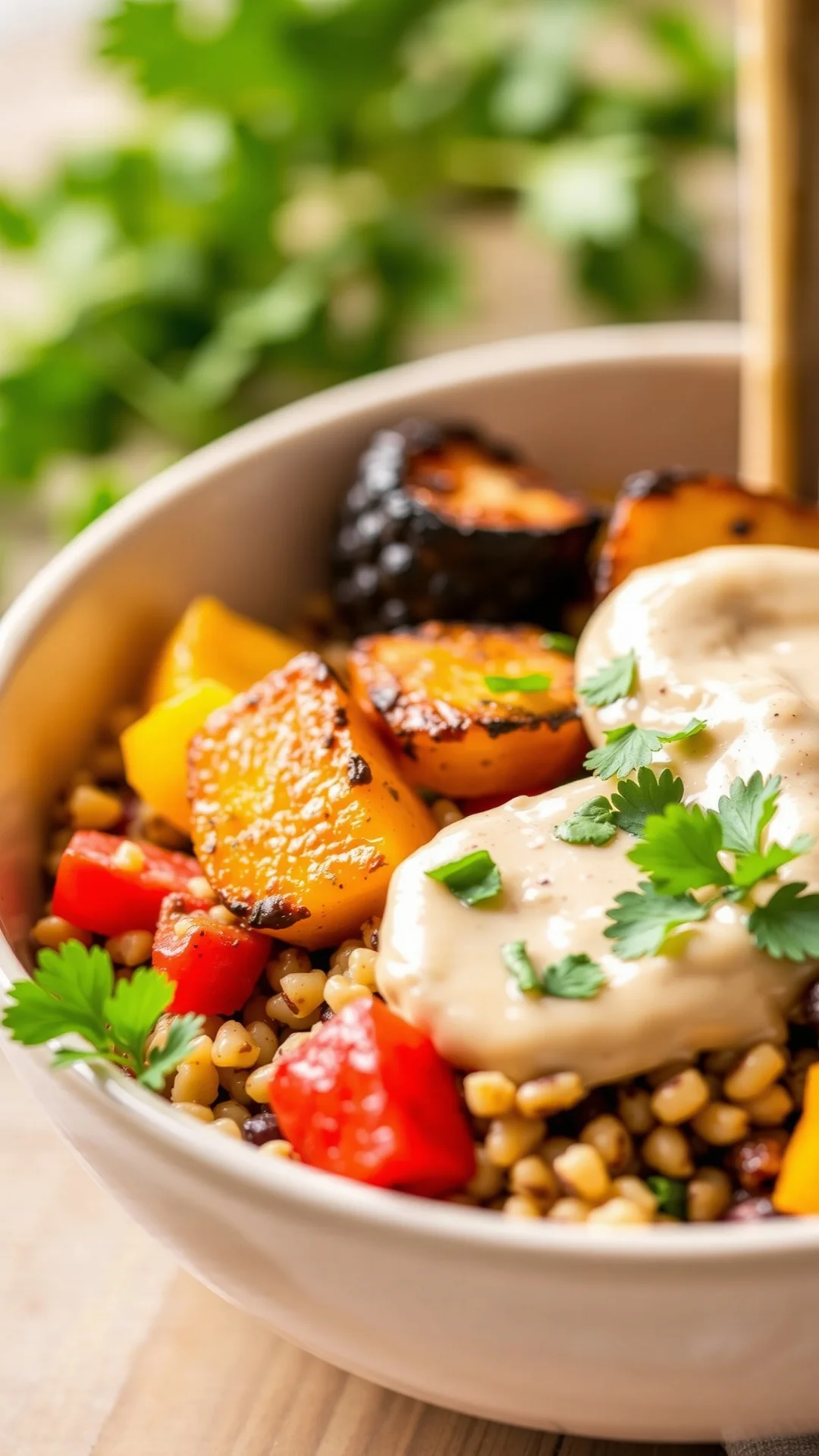 Close-up portrait of a vibrant quinoa bowl with colorful grilled vegetables and creamy tahini sauce, fresh herbs garnish, nat