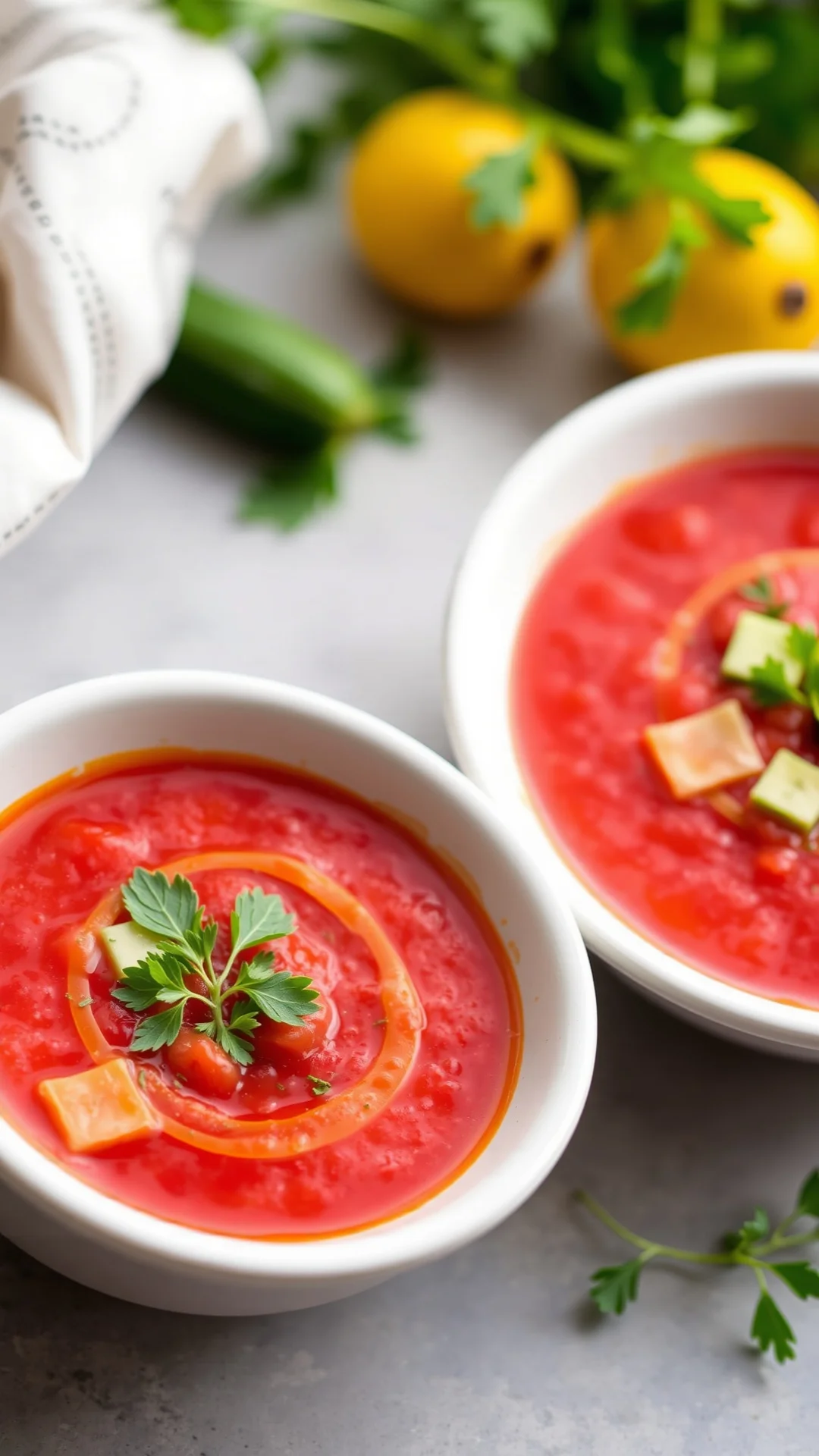 Close-up portrait of a vibrant red gazpacho soup in a white bowl, garnished with olive oil drizzle, fresh herbs and diced cuc