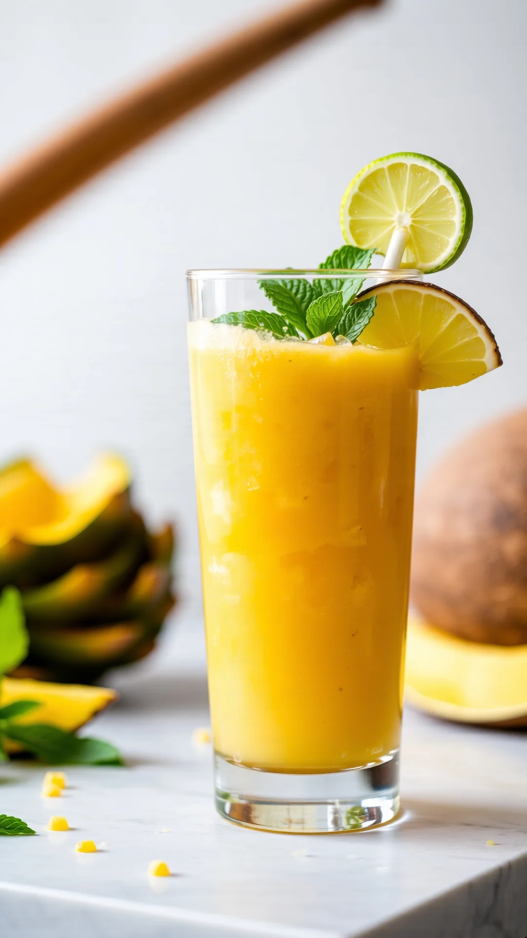 Close-up portrait of a vibrant tropical smoothie with mango, pineapple and coconut milk in a tall glass, garnished with fresh