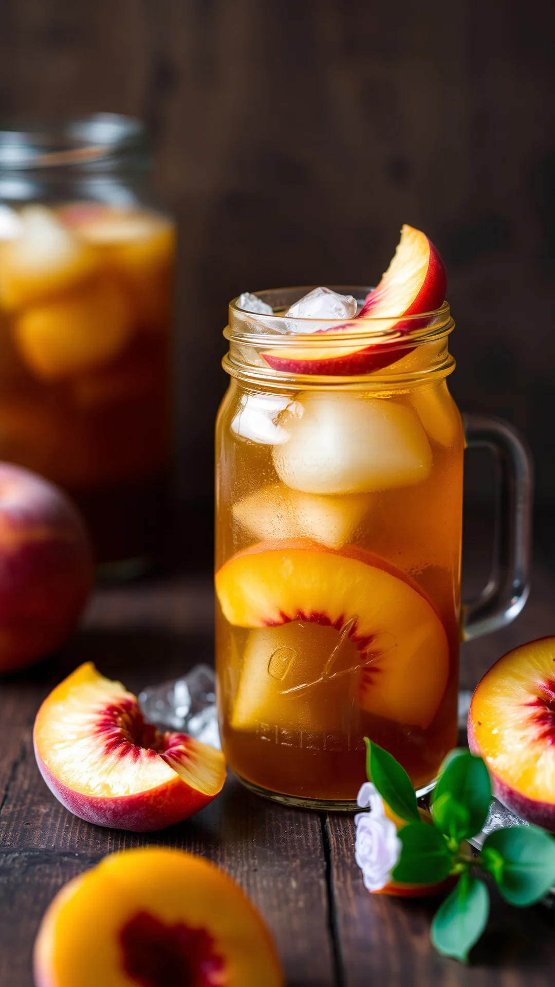 Close-up portrait of an elegant peach vanilla cold brew iced tea in a glass jar with peach slices and ice, soft warm tones, r