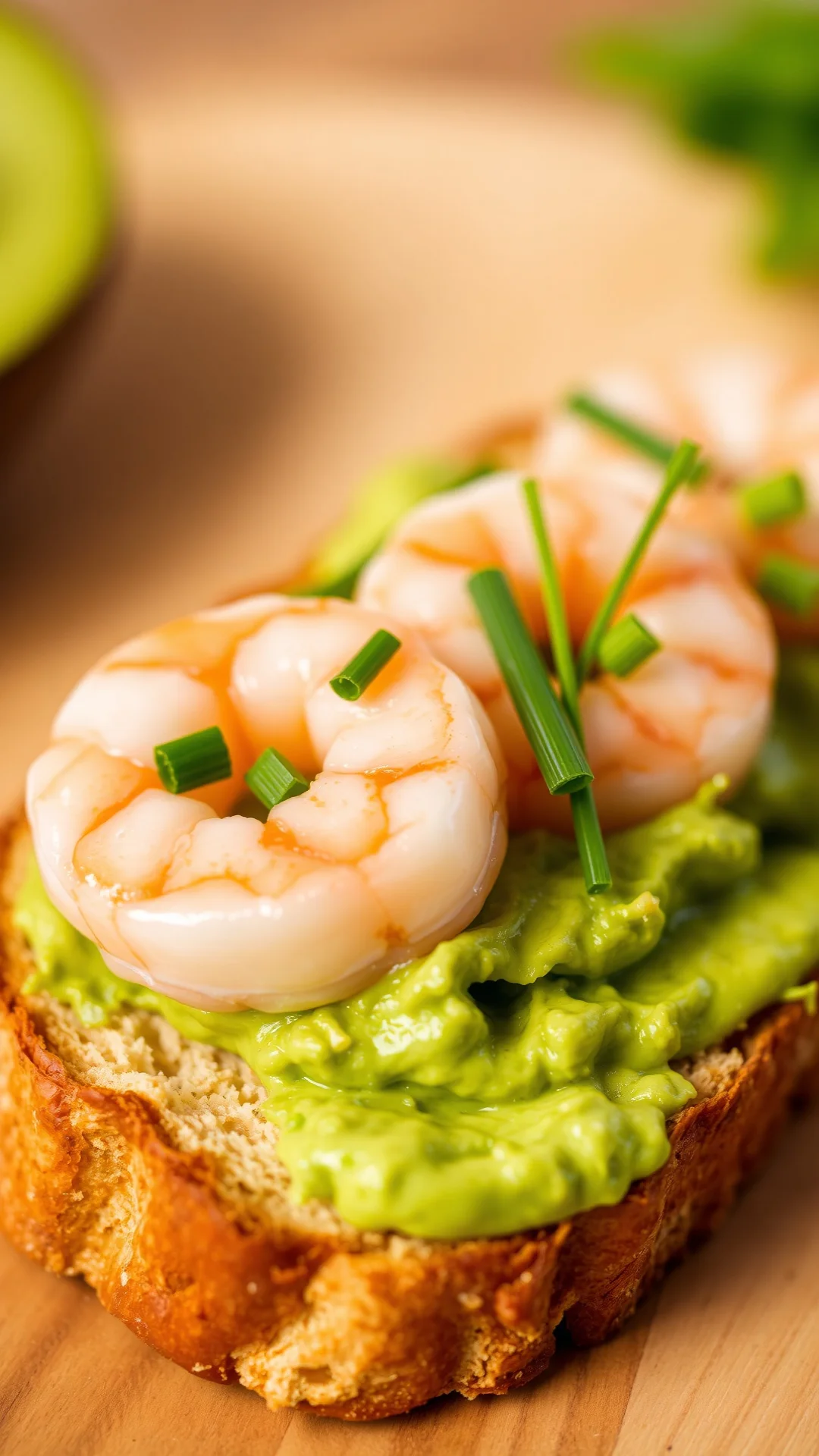 Close-up portrait of avocado shrimp toast on rustic bread, creamy green spread topped with pink prawns and fresh chives, brig