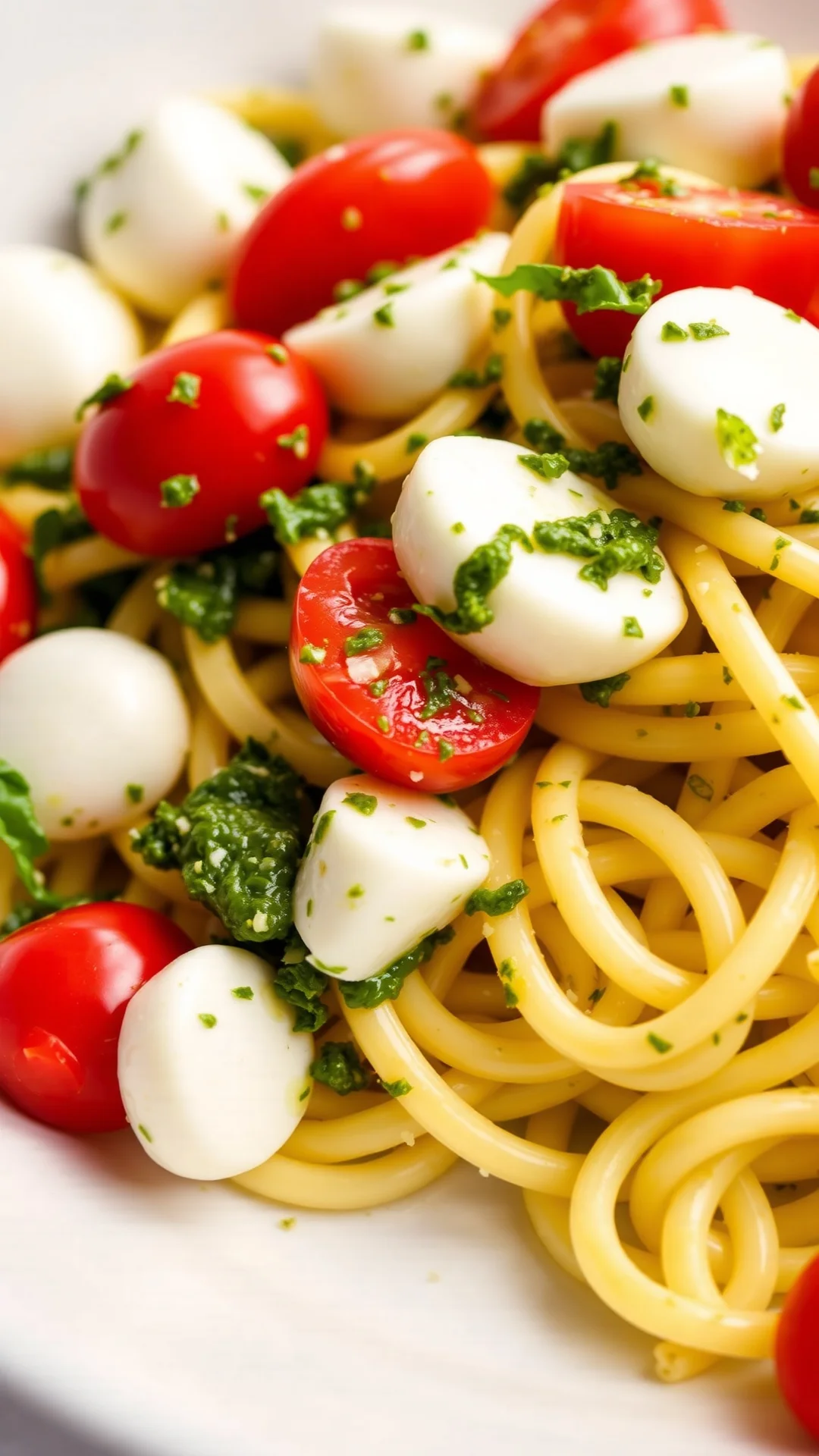 Close-up portrait of cold pasta salad with pesto, cherry tomatoes and fresh mozzarella in a large bowl, green and red colors,