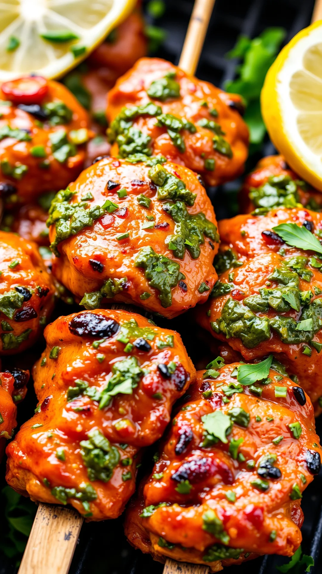 Close-up portrait of colorful chermoula chicken skewers on grill with fresh herbs and lemon, vibrant green marinade, Moroccan