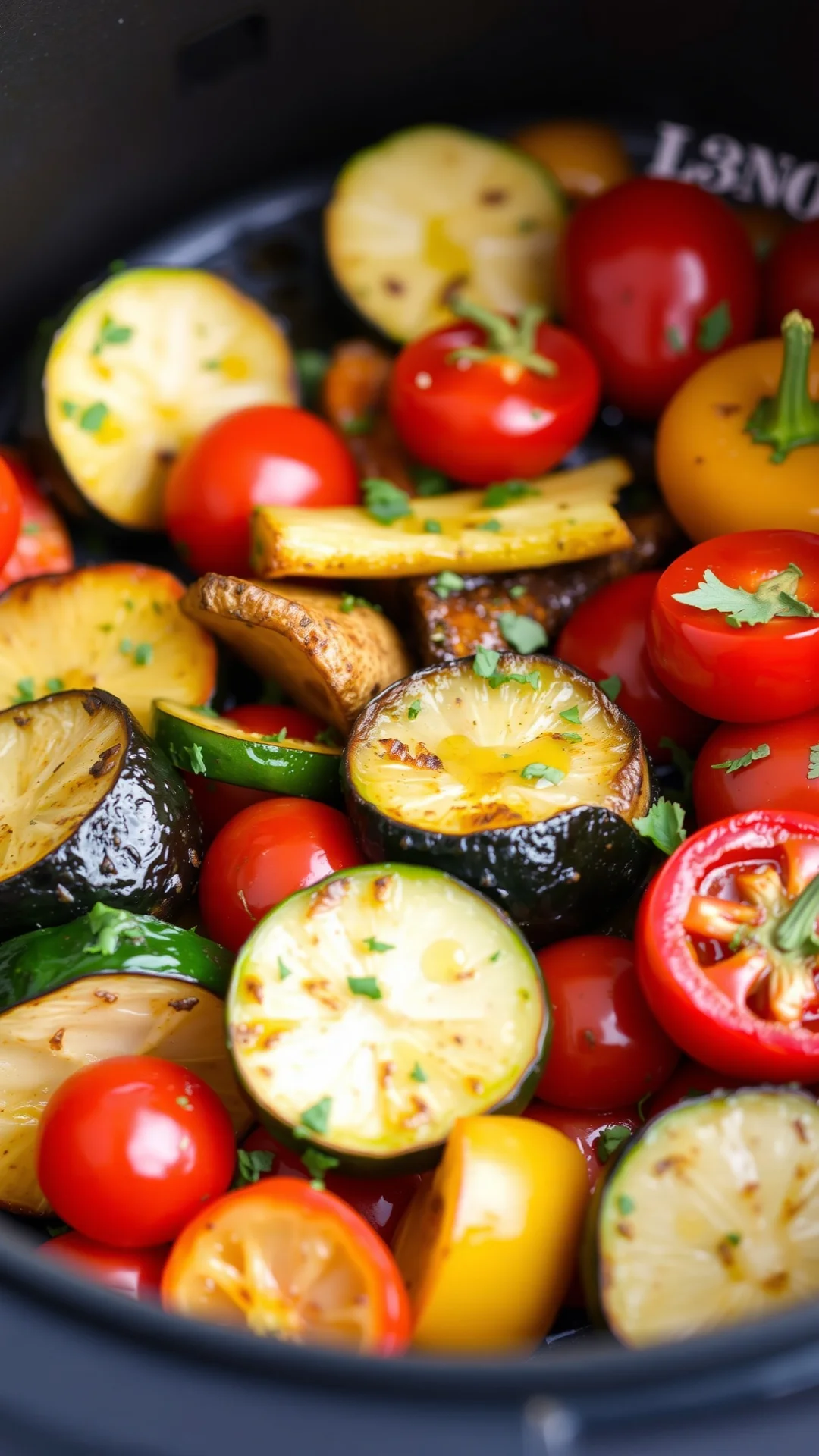 Close-up portrait of colorful roasted Mediterranean vegetables in air fryer, zucchini peppers eggplant cherry tomatoes, drizz