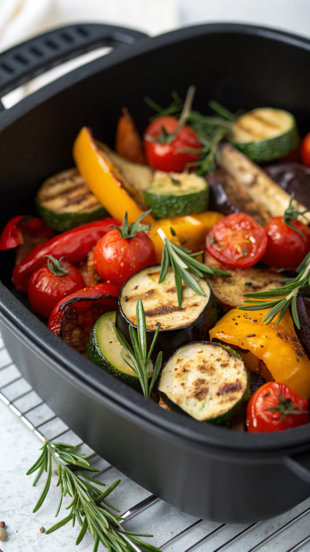 Close-up portrait of colorful roasted Mediterranean vegetables zucchini peppers eggplant cherry tomatoes in air fryer, herbs,