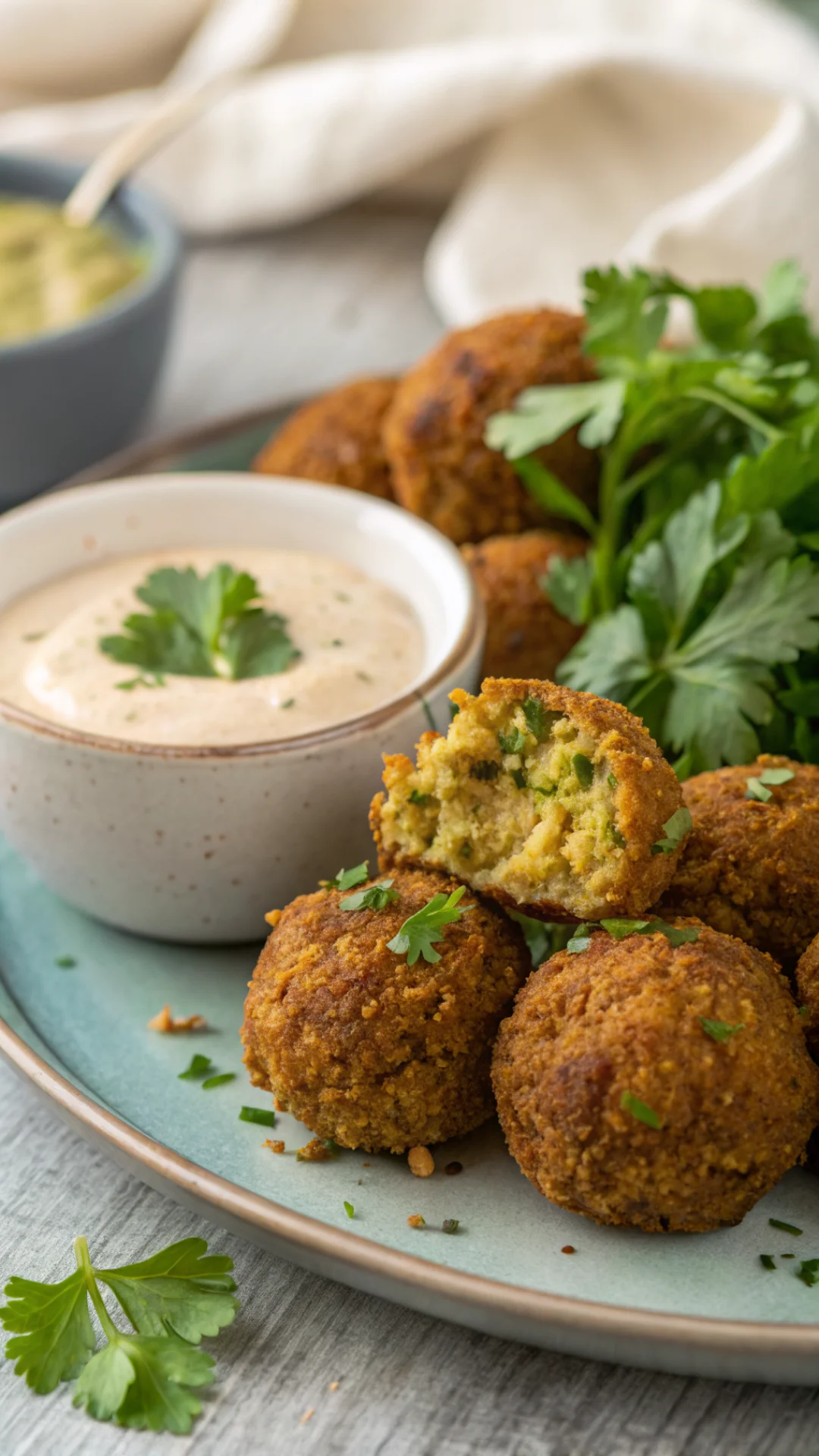 Close-up portrait of crispy golden falafel balls with fresh parsley and coriander, served with tahini sauce, vibrant food pho