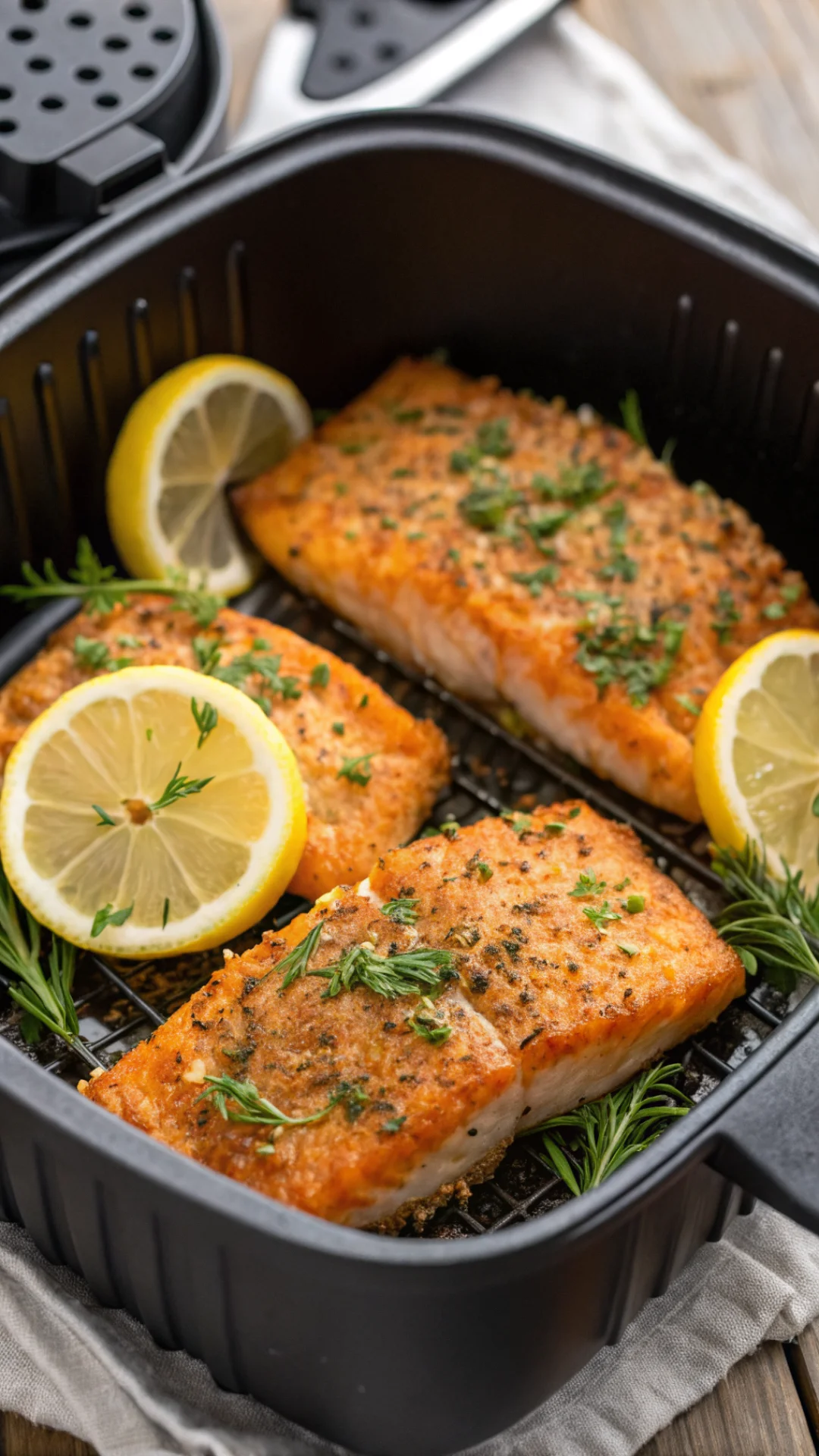 Close-up portrait of crispy golden salmon fillets with fresh herbs in an air fryer basket, lemon slices, vibrant colors, food