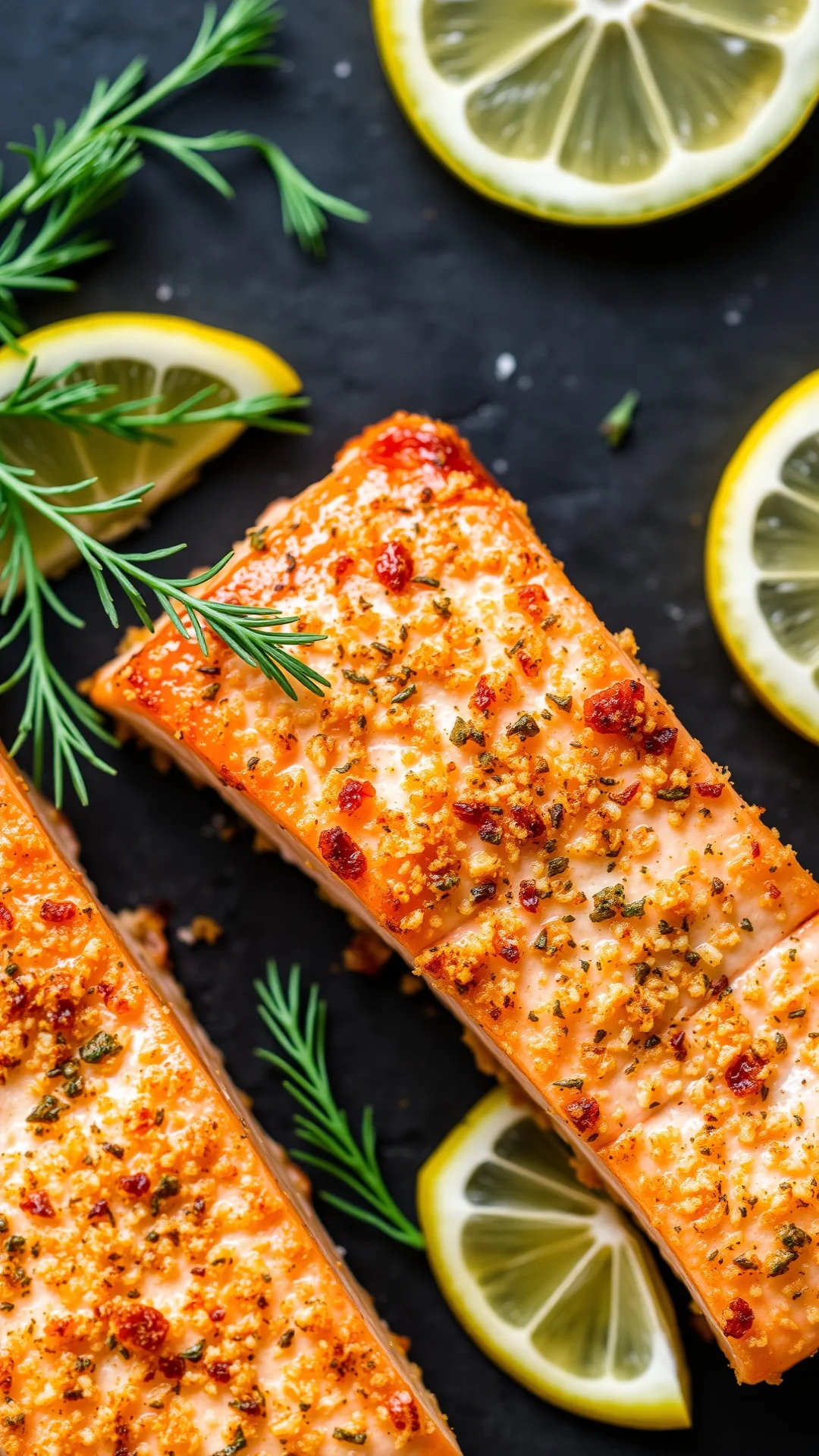 Close-up portrait of crispy lemon herb salmon fillet with golden crust, fresh dill sprigs, lemon slices, dark slate backgroun
