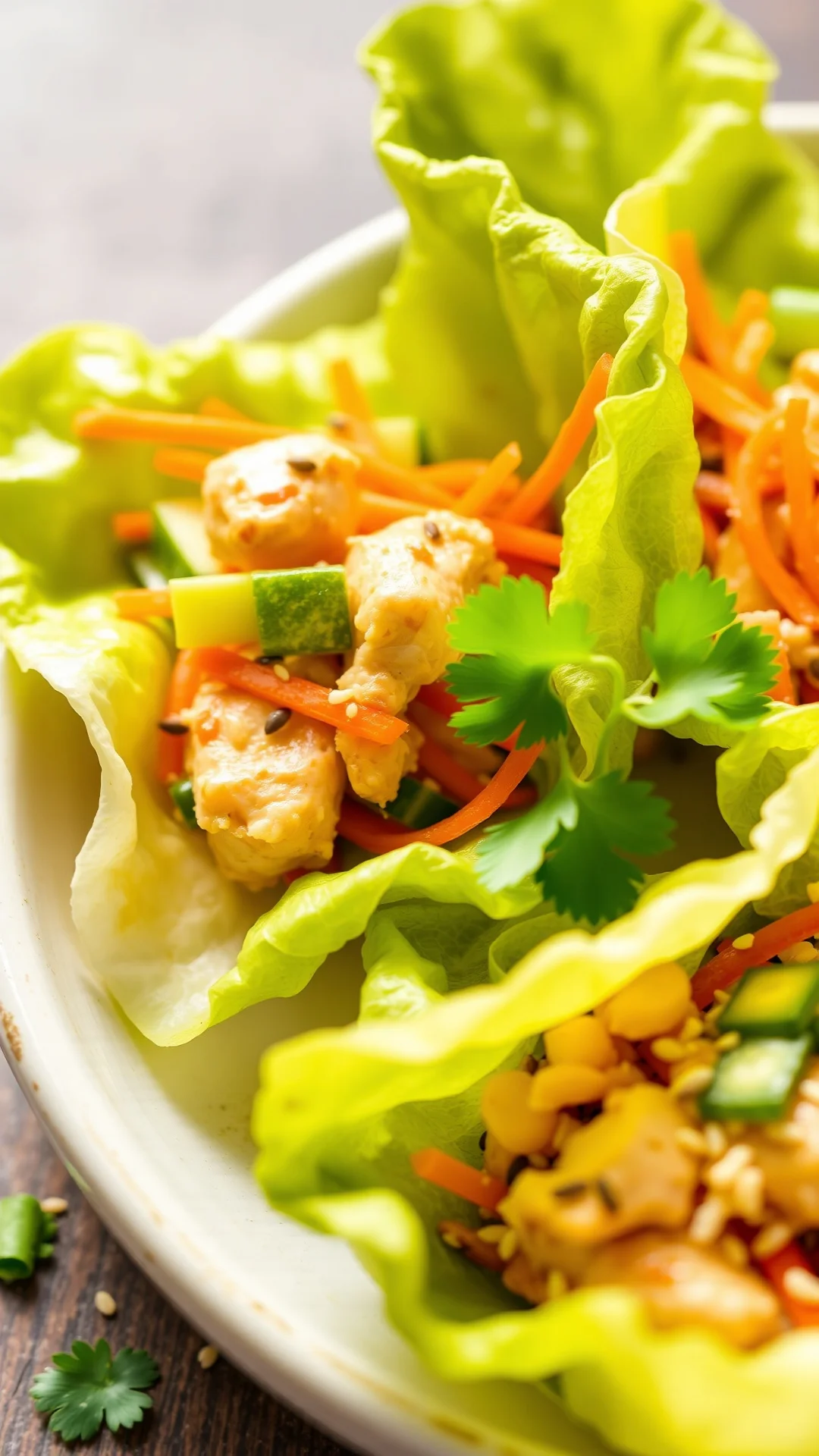 Close-up portrait of crispy lettuce wraps filled with lemongrass chicken, julienned carrots, cucumber and sesame seeds, fresh
