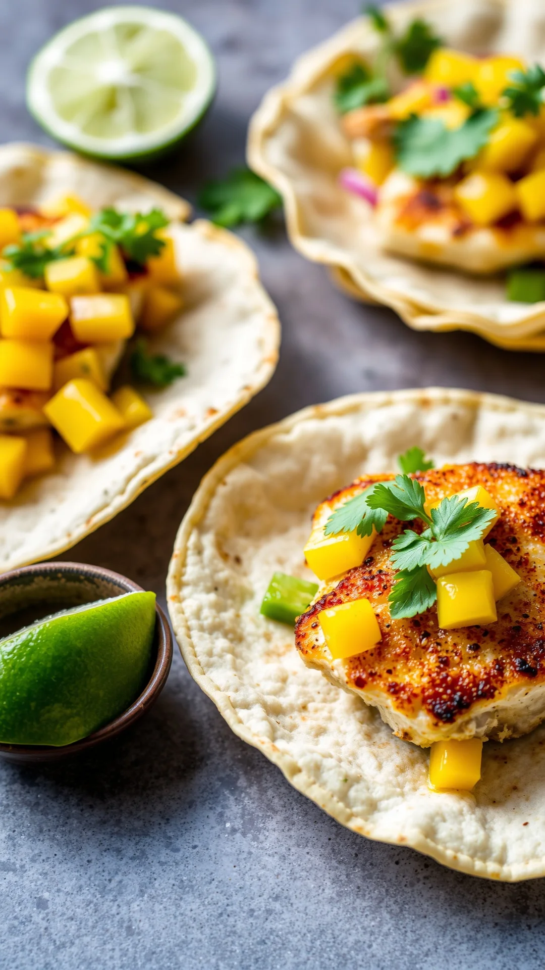 Close-up portrait of crispy sea bass tacos with mango salsa, guacamole and lime on colorful corn tortillas, fresh and vibrant