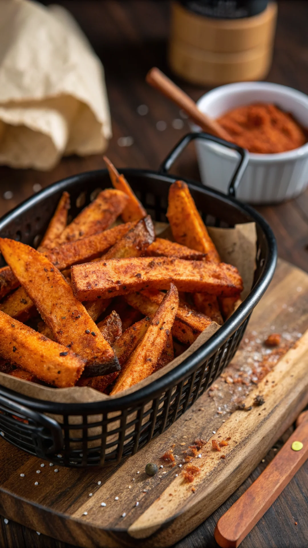 Close-up portrait of crispy sweet potato fries seasoned with paprika and spices in air fryer basket, rustic wooden background