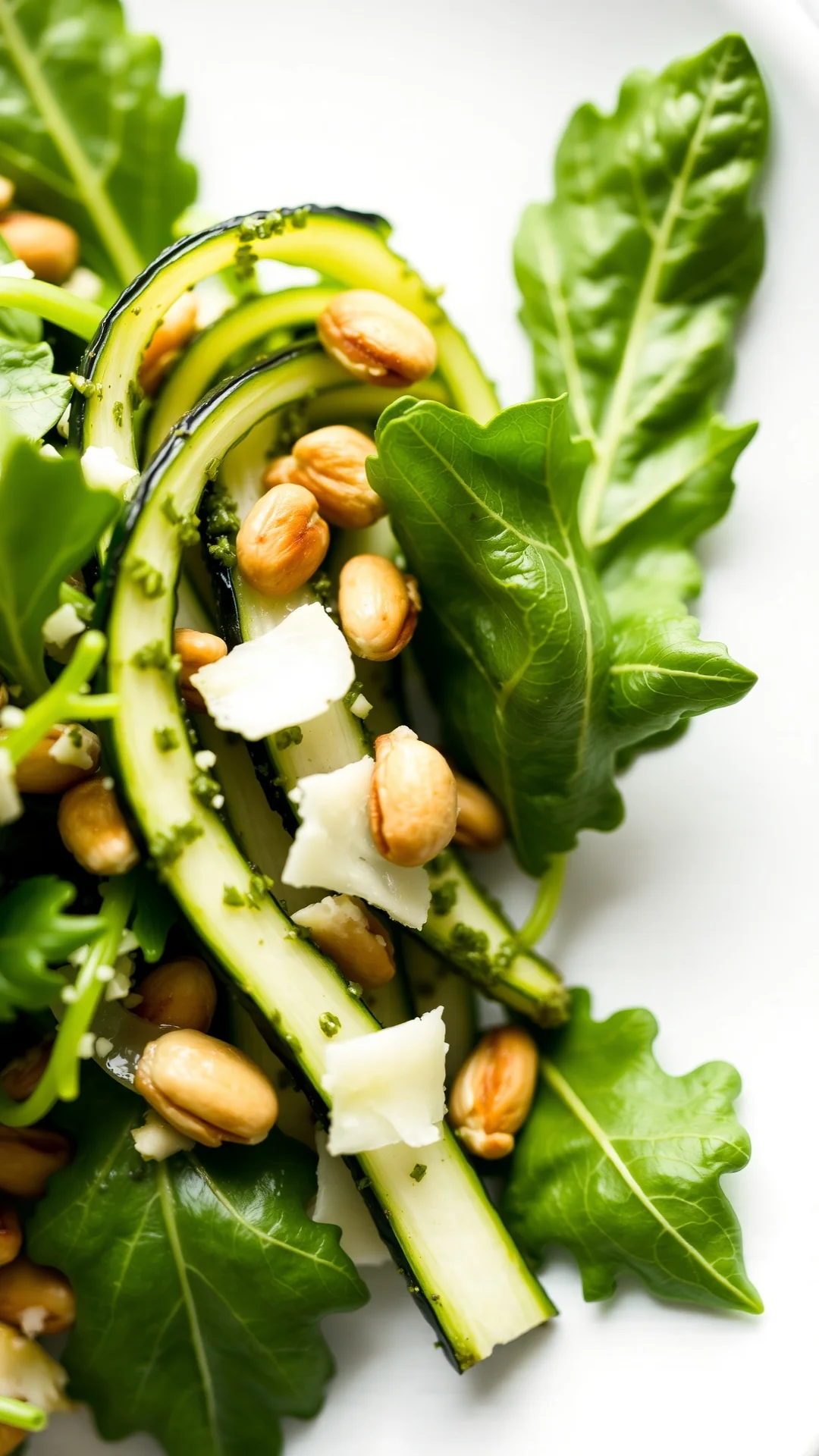 Close-up portrait of elegant raw zucchini ribbon salad with green pesto, toasted pine nuts, shaved parmesan and fresh rocket