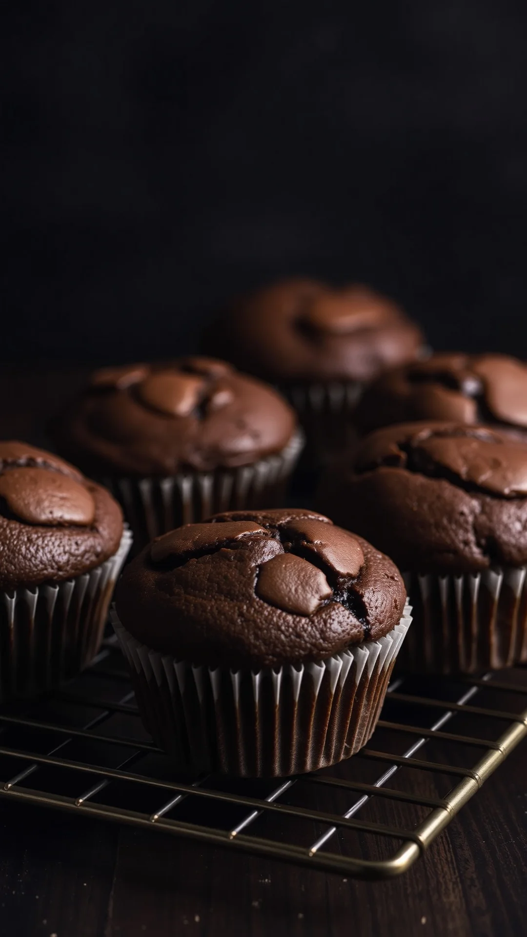 Close-up portrait of fluffy chocolate hazelnut muffins cooling on wire rack, cracked tops, melted chocolate swirl, moody dark