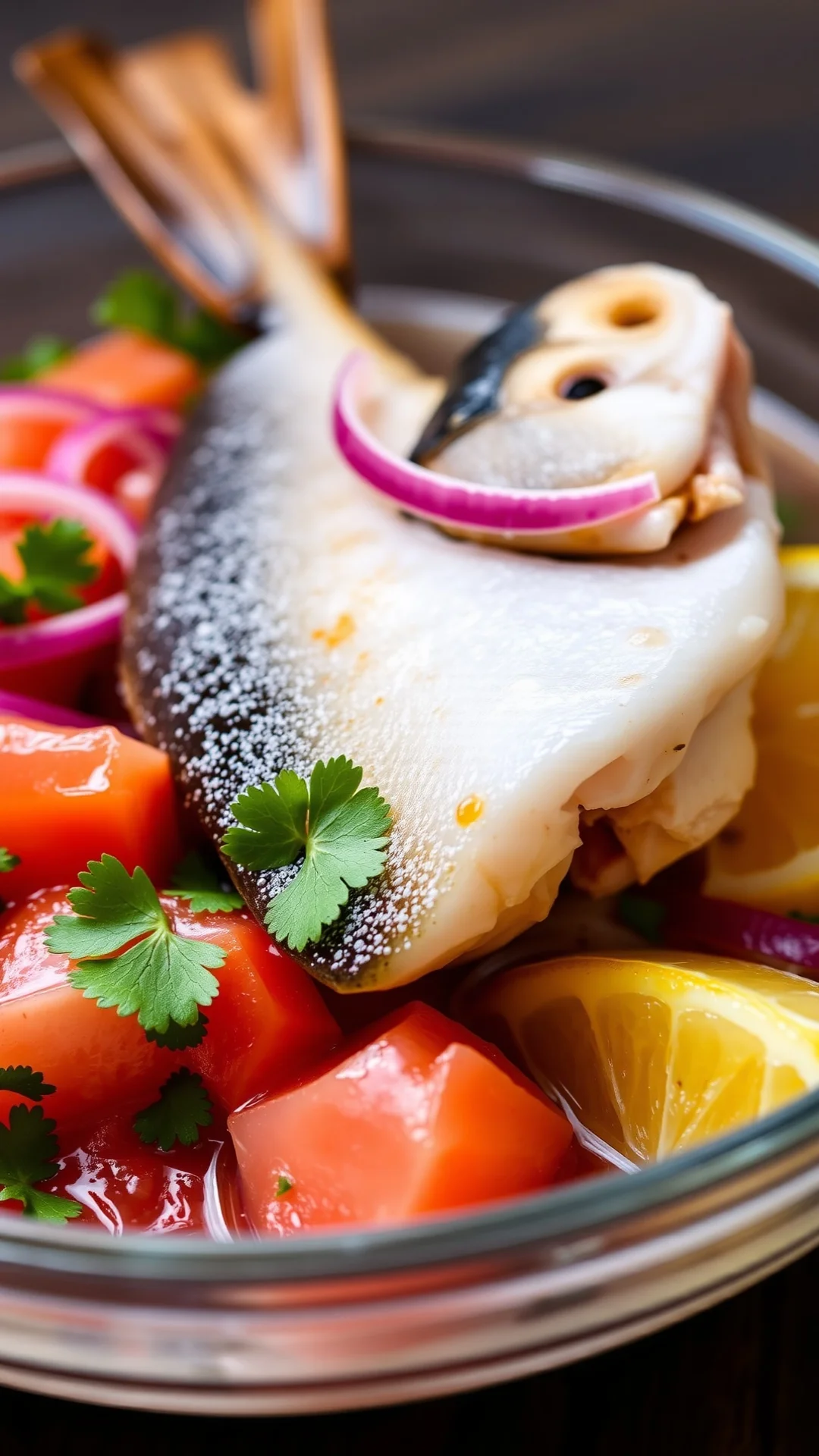 Close-up portrait of fresh sea bream ceviche with citrus, red onion, cilantro in glass bowl, vibrant colors, natural light, 9