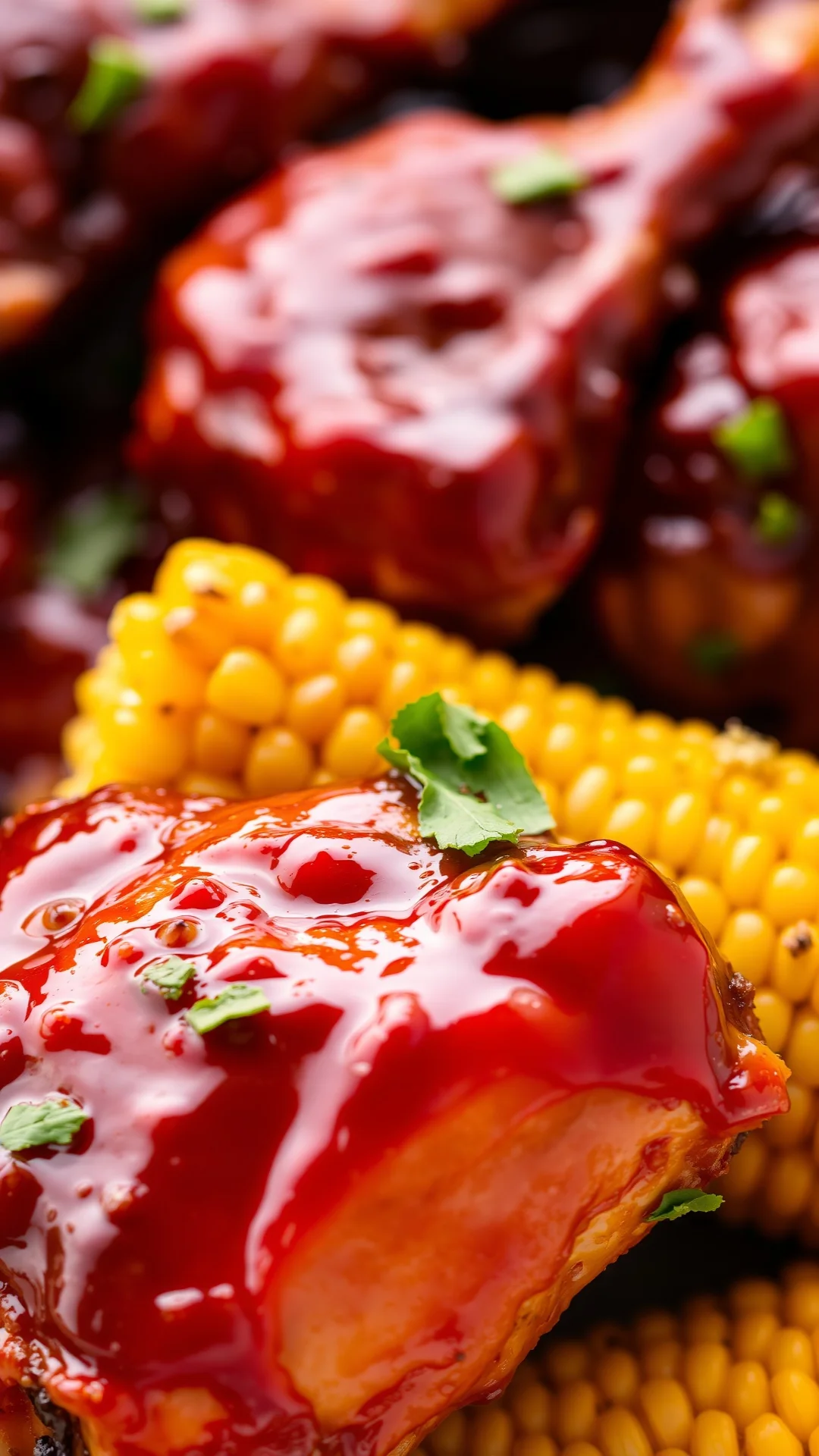 Close-up portrait of glazed BBQ chicken legs with shiny homemade barbecue sauce, deep mahogany color, served with corn on the