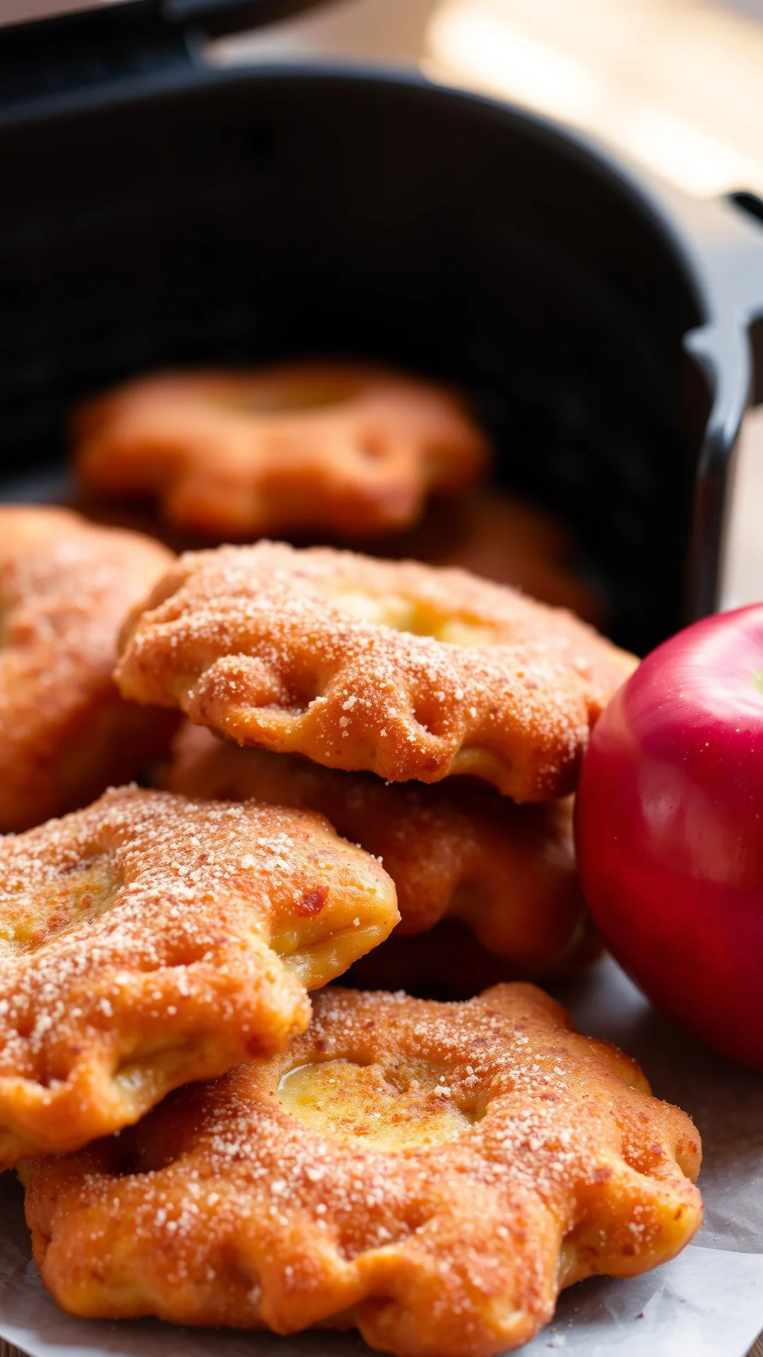 Close-up portrait of golden crispy apple fritters dusted with cinnamon sugar, fresh apples beside, airfryer basket, warm afte