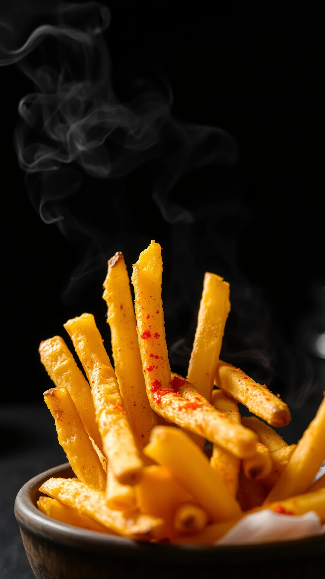 Close-up portrait of golden crispy homemade french fries in a rustic bowl, steam rising, sprinkled with paprika, dark moody k