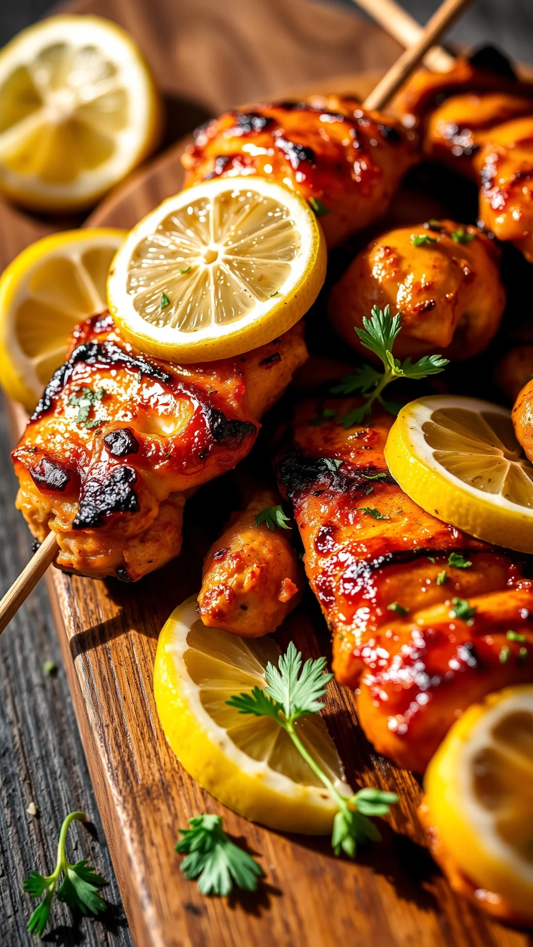 Close-up portrait of golden grilled chicken skewers with lemon slices and fresh herbs on rustic wooden board, summer sunlight