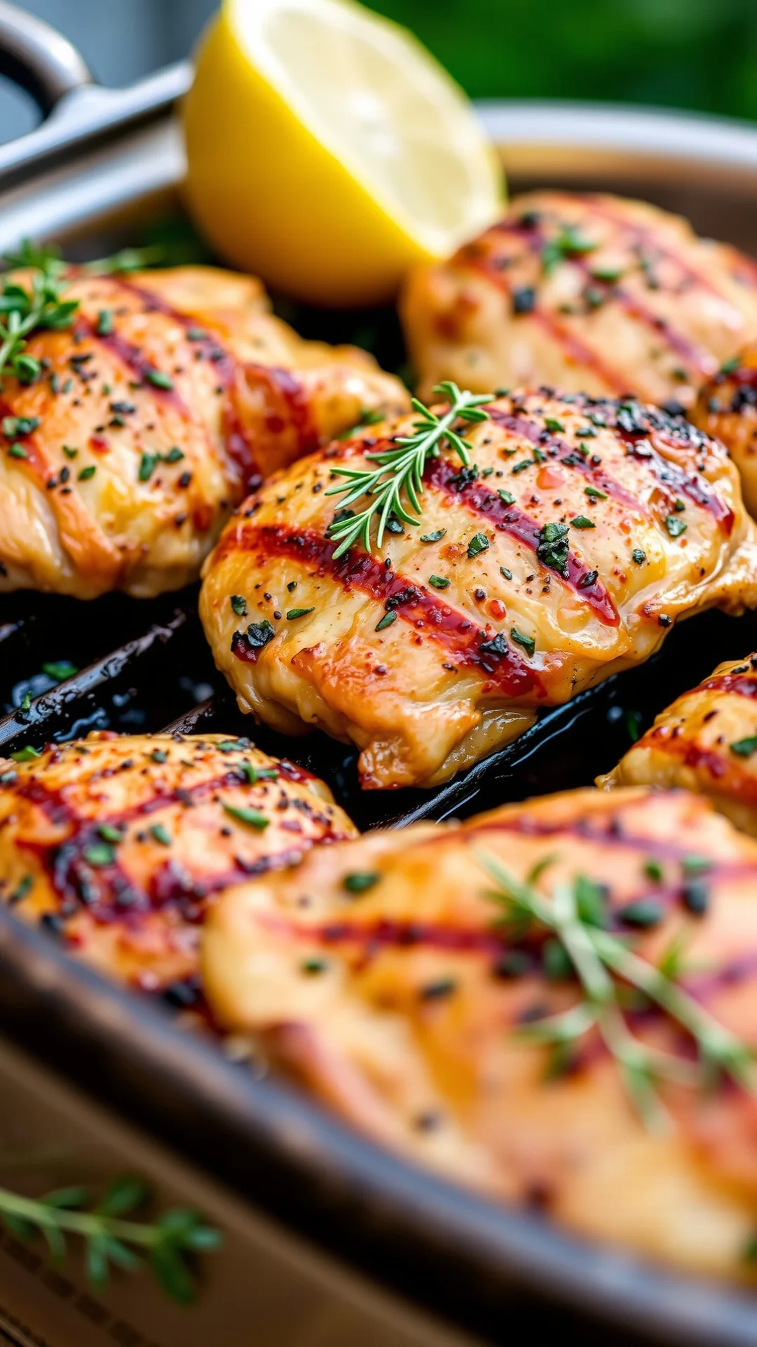 Close-up portrait of golden grilled chicken thighs with lemon herb marinade on BBQ grill, charred marks, fresh thyme garnish,
