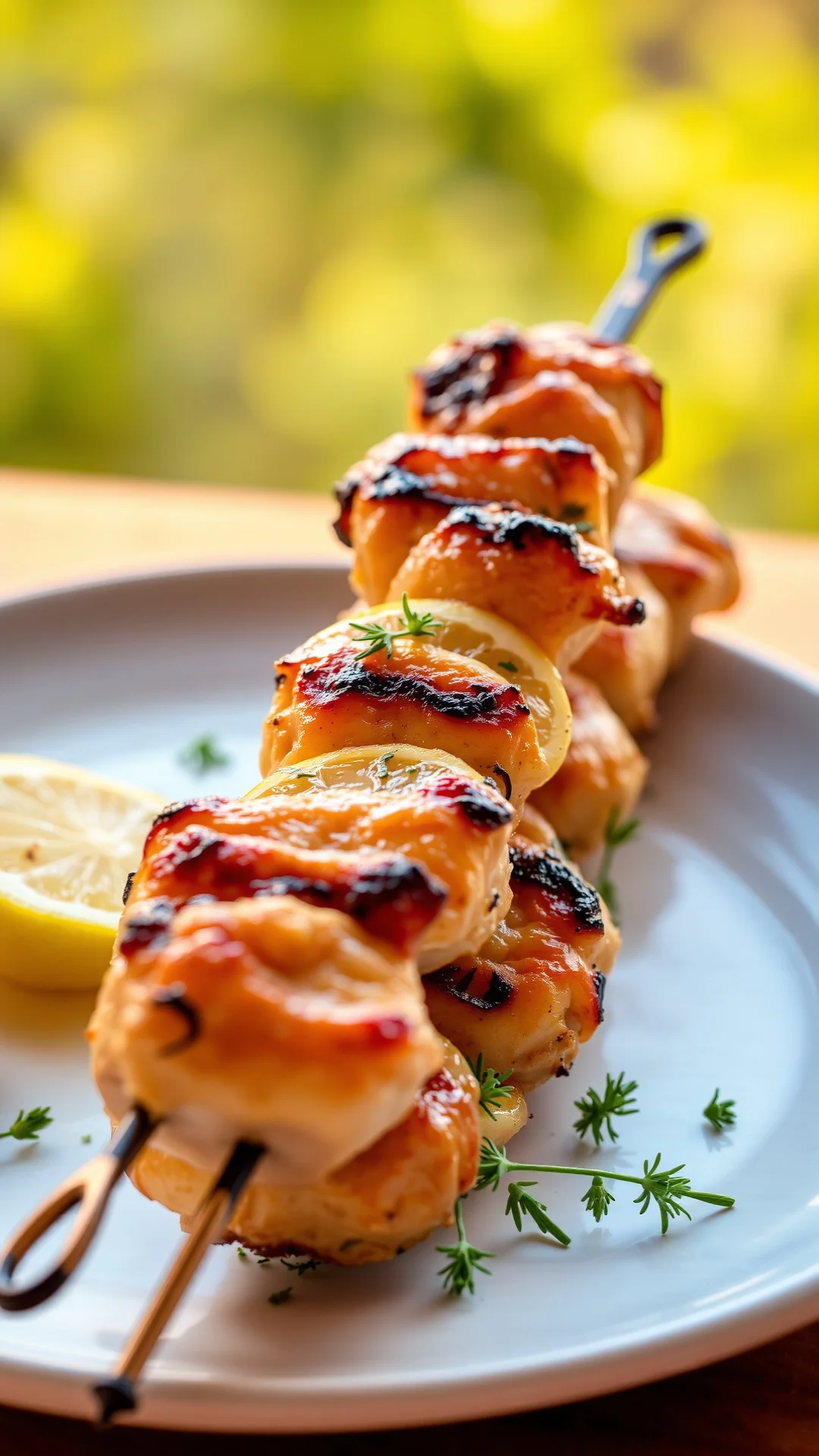 Close-up portrait of golden grilled lemon herb chicken skewers on a white plate, charred edges, fresh thyme garnish, warm sun