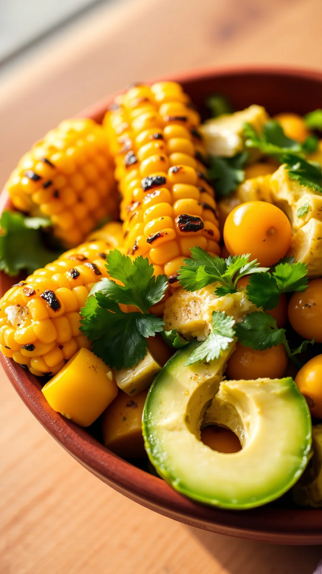 Close-up portrait of grilled corn, creamy avocado chunks, yellow cherry tomatoes and fresh cilantro salad in a terracotta bow