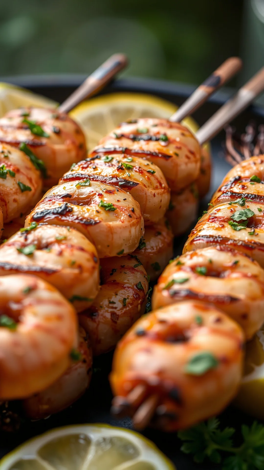 Close-up portrait of grilled gambas skewers with garlic lemon marinade, charred marks, herbs, summer barbecue setting, 9:16 f