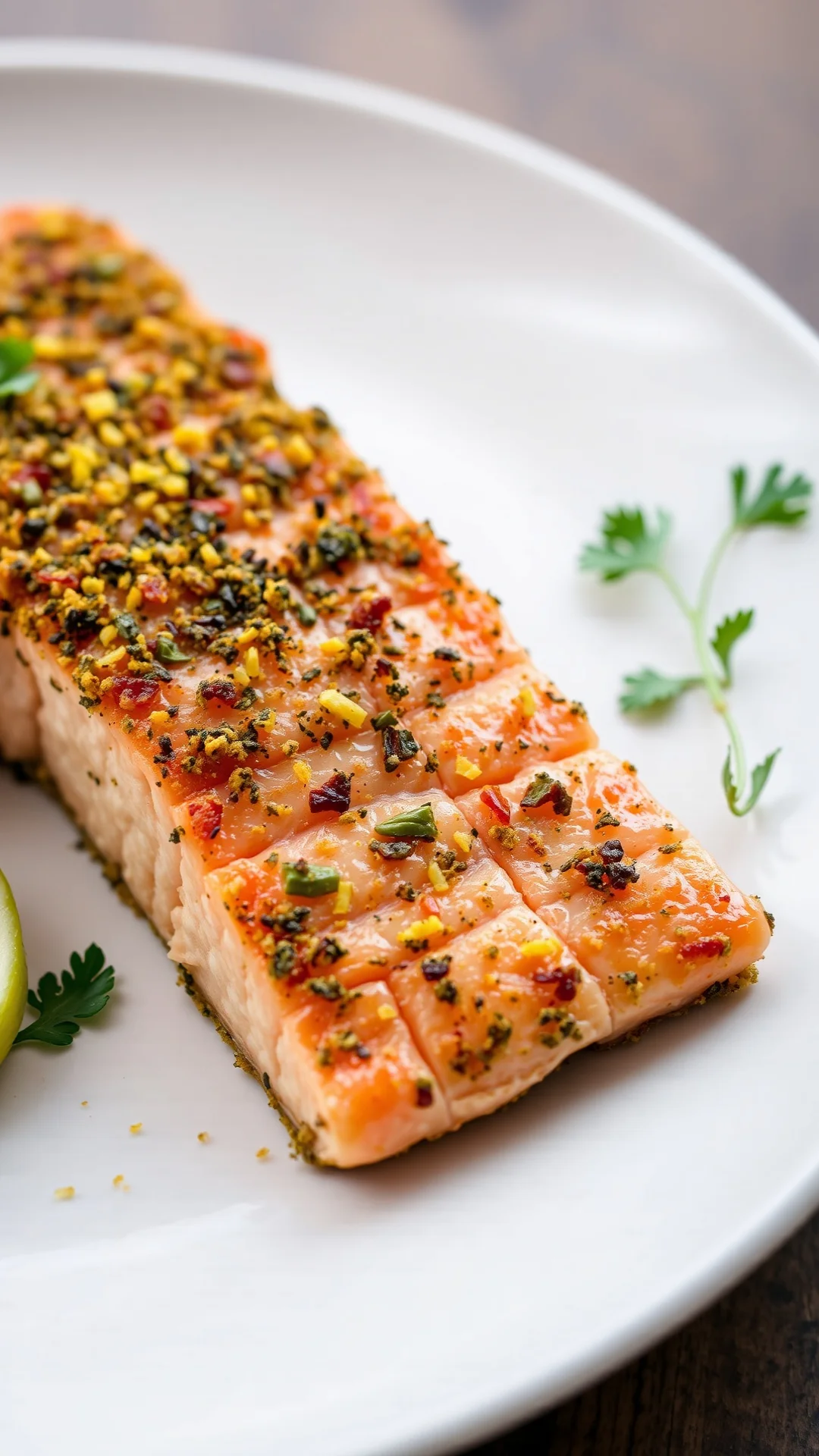 Close-up portrait of herb-crusted salmon fillet with golden crust, lime zest, fresh parsley, elegant white plate, natural day