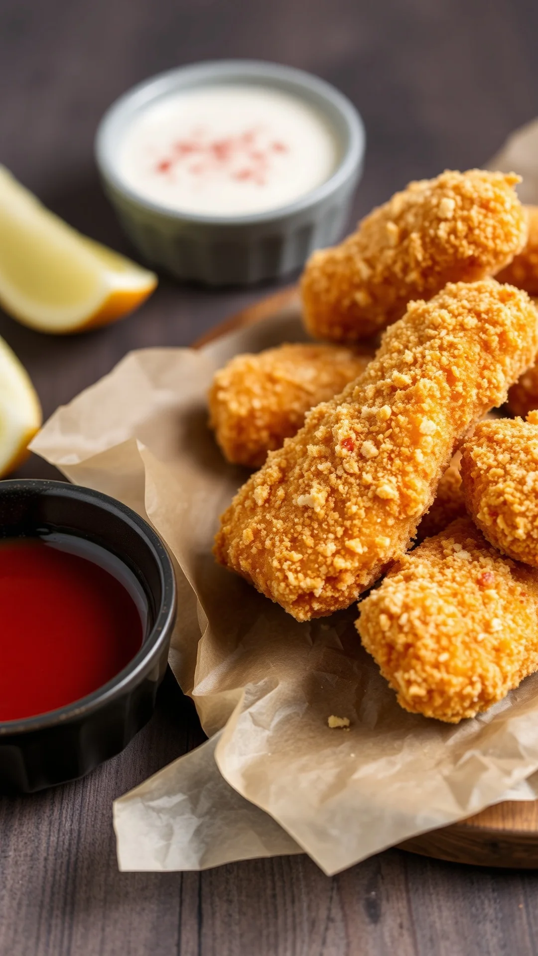 Close-up portrait of homemade crispy golden chicken nuggets on parchment paper, parmesan breadcrumb coating, dipping sauces a