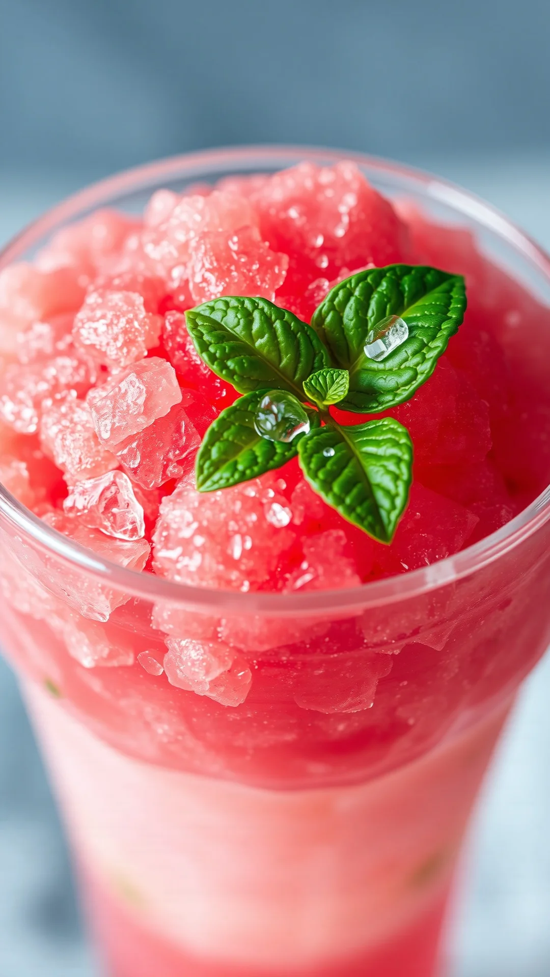 Close-up portrait of icy watermelon granita crystals in a chilled glass, fresh mint leaf on top, drops of condensation, vibra
