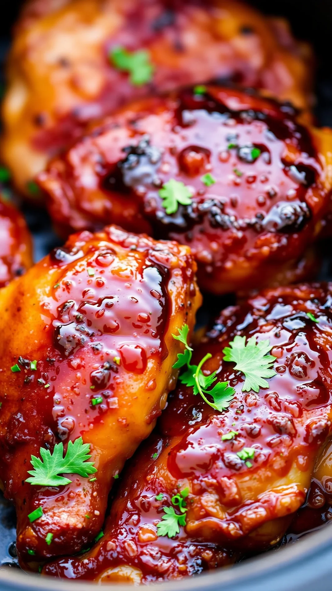 Close-up portrait of juicy glazed honey soy chicken thighs in air fryer basket, caramelized golden skin, fresh herbs garnish,