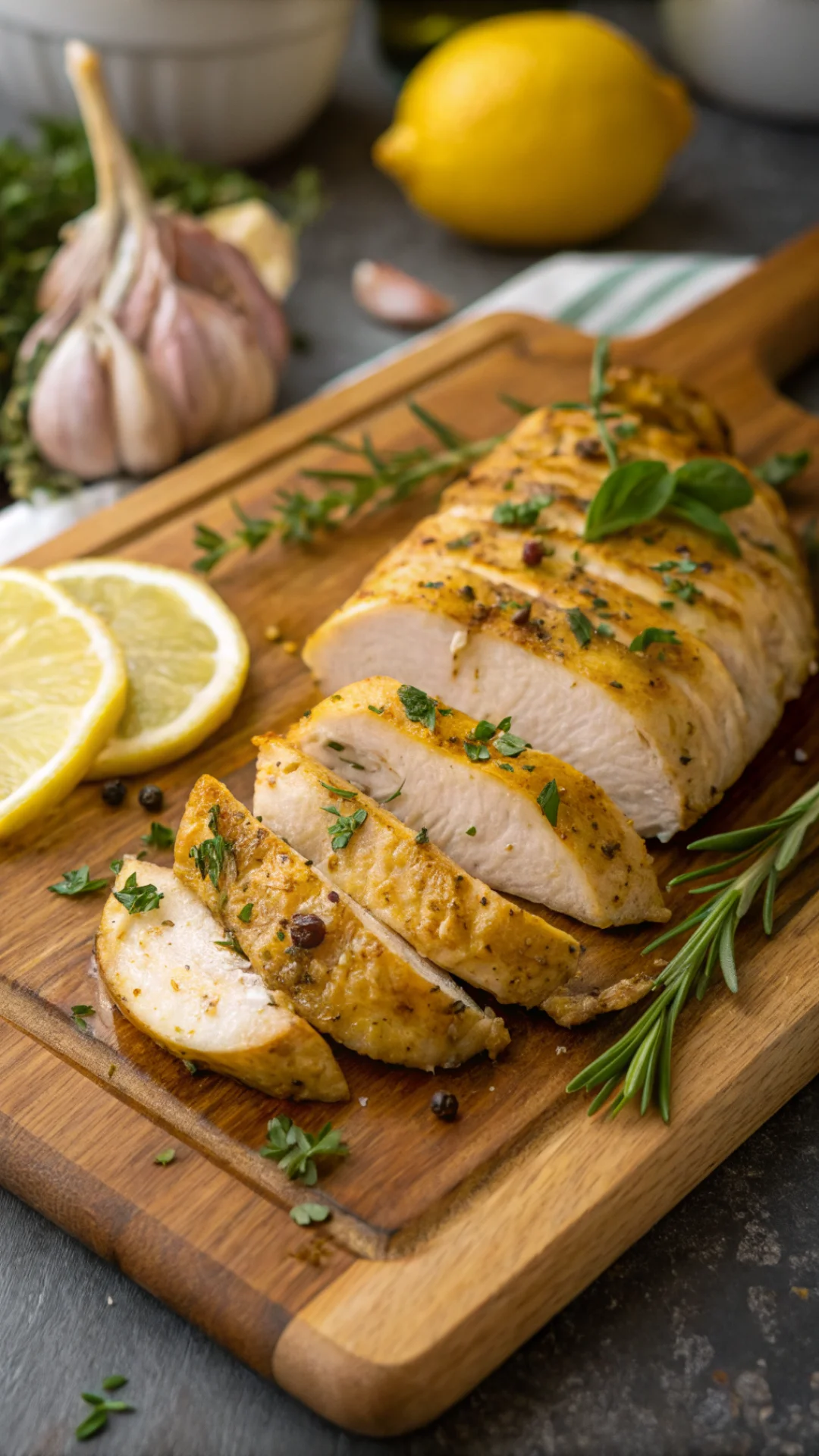 Close-up portrait of juicy golden chicken breast marinated with lemon and garlic, sliced on wooden board, fresh herbs garnish