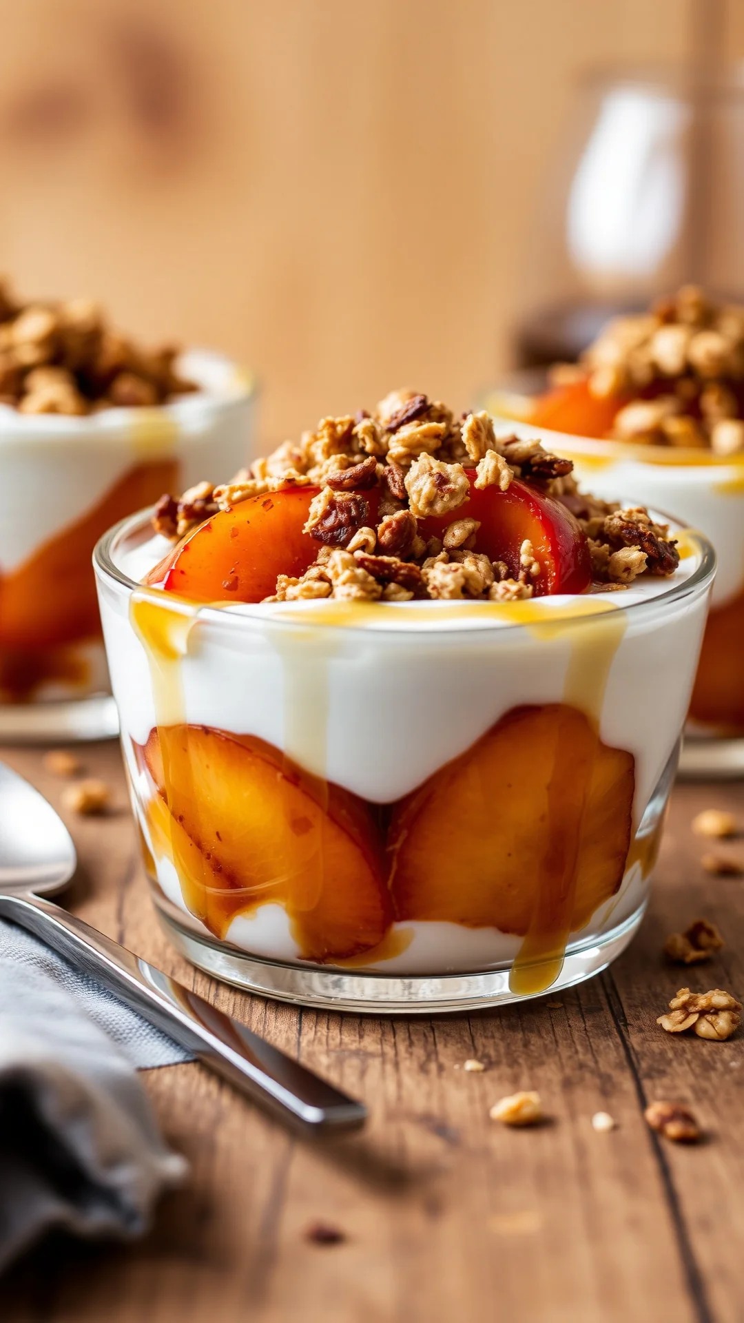 Close-up portrait of layered Greek yogurt verrine with caramelized roasted peaches, crunchy granola topping, honey drizzle, w