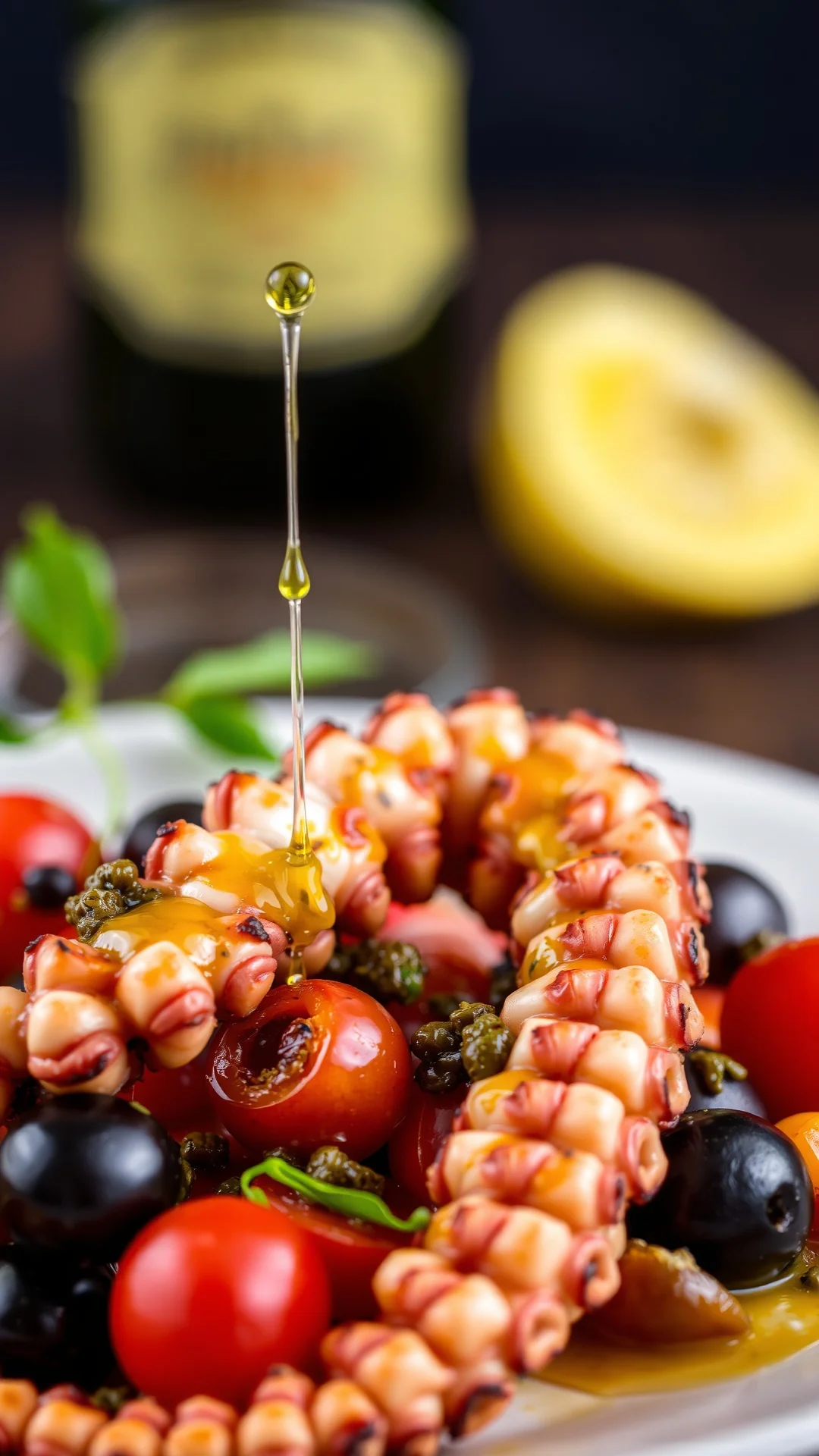 Close-up portrait of Mediterranean grilled octopus salad with cherry tomatoes, olives, capers, olive oil drizzle, vibrant col