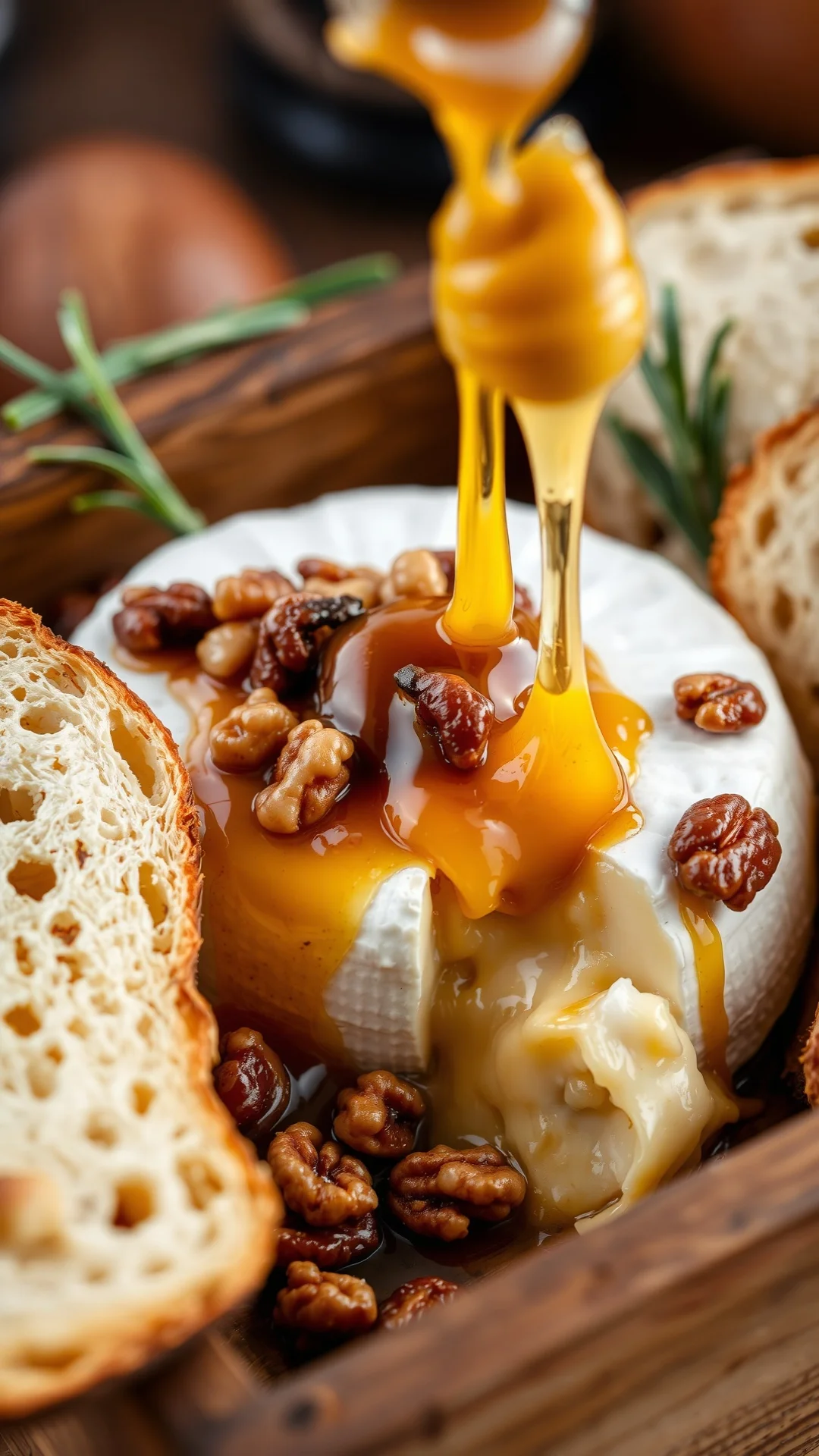 Close-up portrait of melted baked camembert in wooden box topped with honey walnuts rosemary, gooey cheese pull, crusty bread