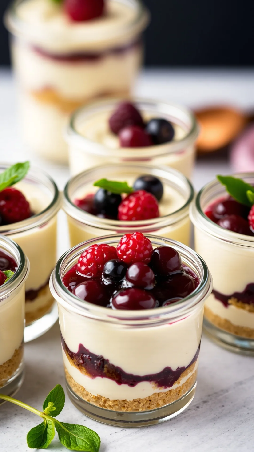 Close-up portrait of mini cheesecake verrines in glass jars, layered biscuit base, creamy filling, colorful berry jam topping