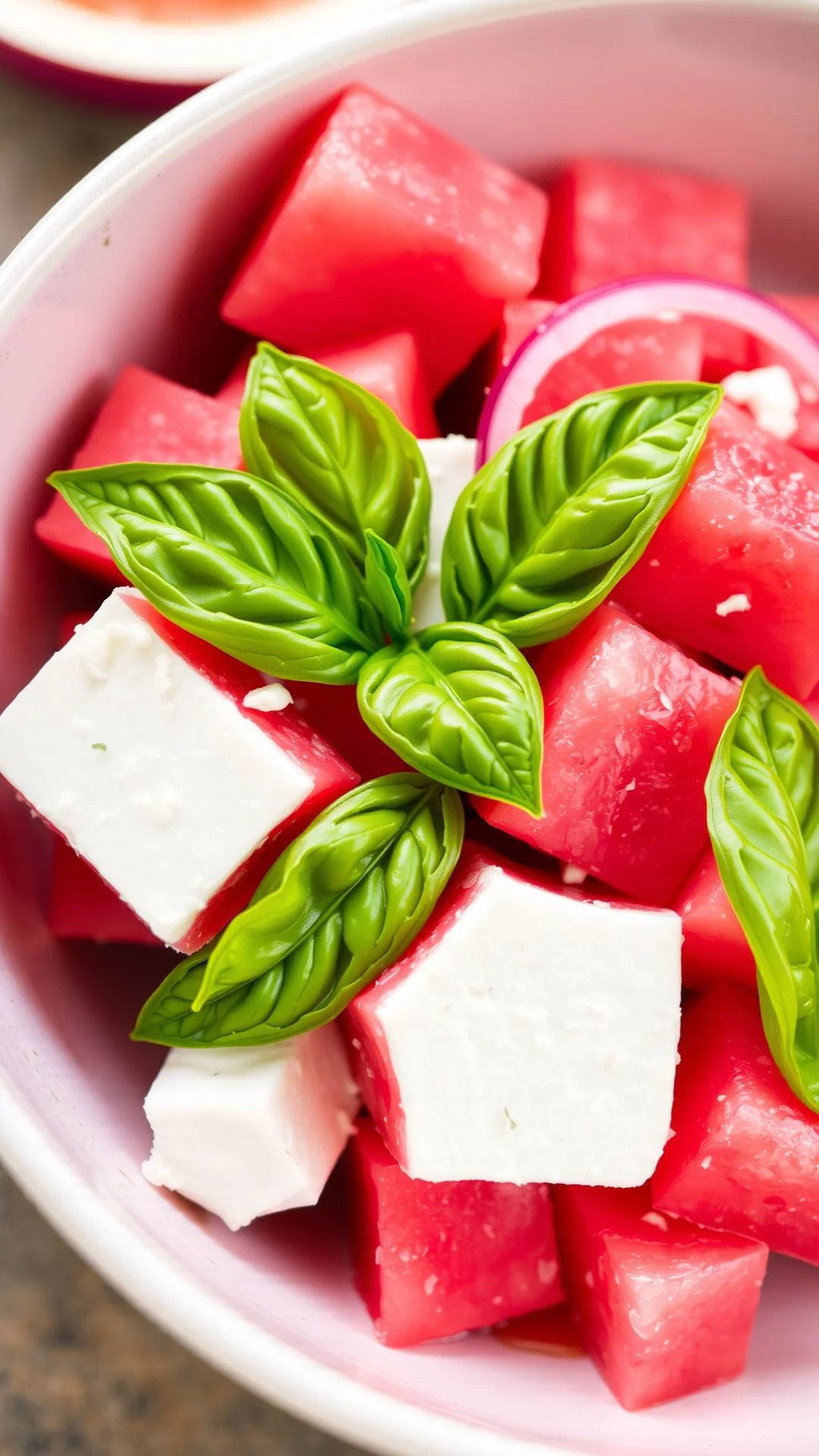 Close-up portrait of refreshing watermelon feta salad with bright pink cubes, white cheese, whole basil leaves and thinly sli